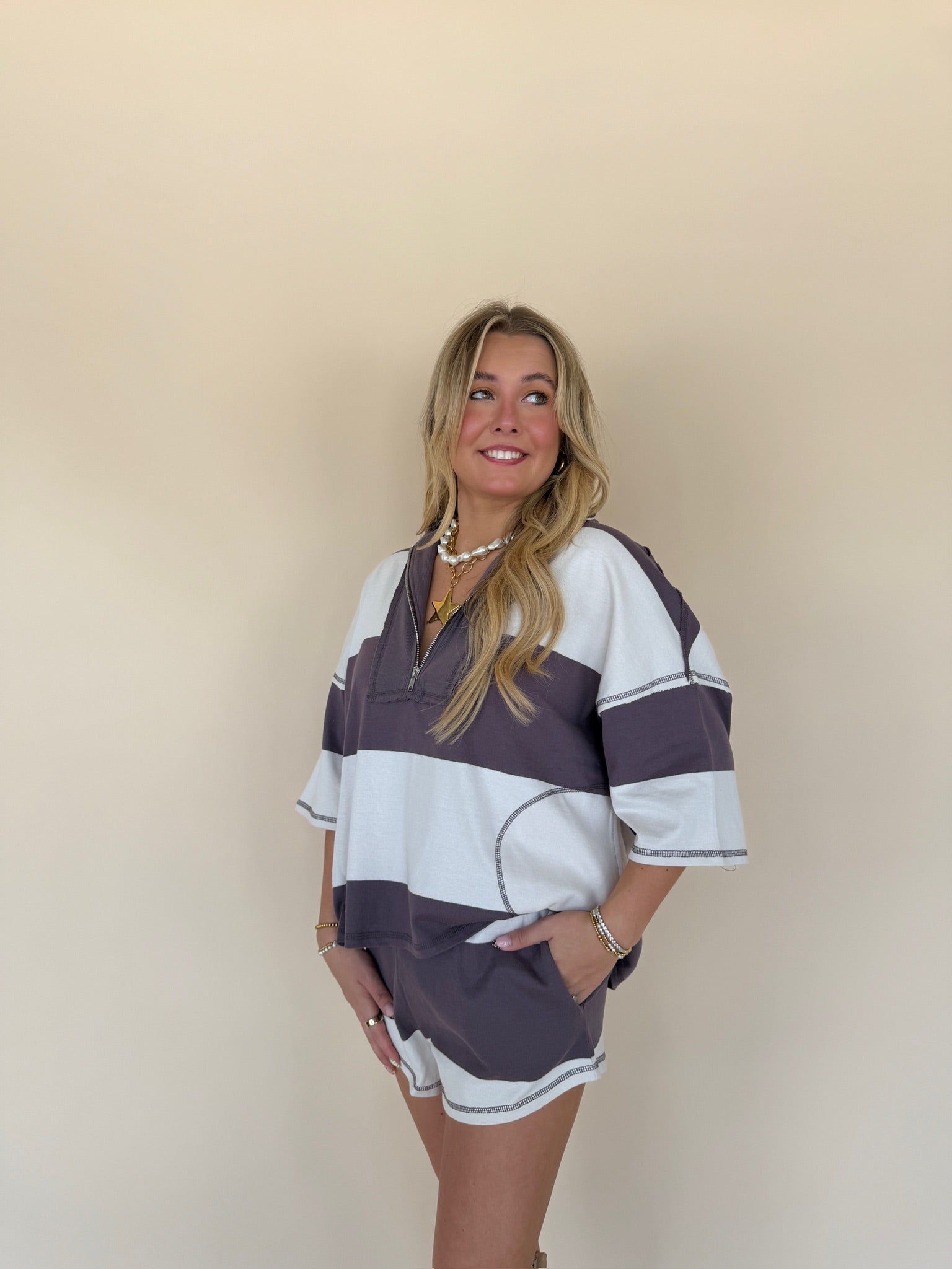 Zip-up Half Sleeve Stripe Top