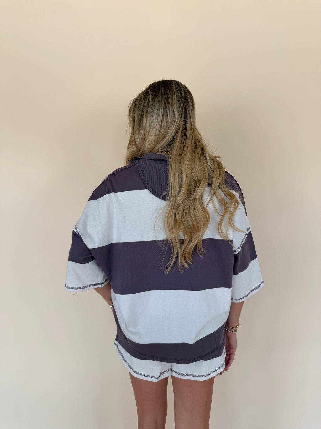 Zip-up Half Sleeve Stripe Top