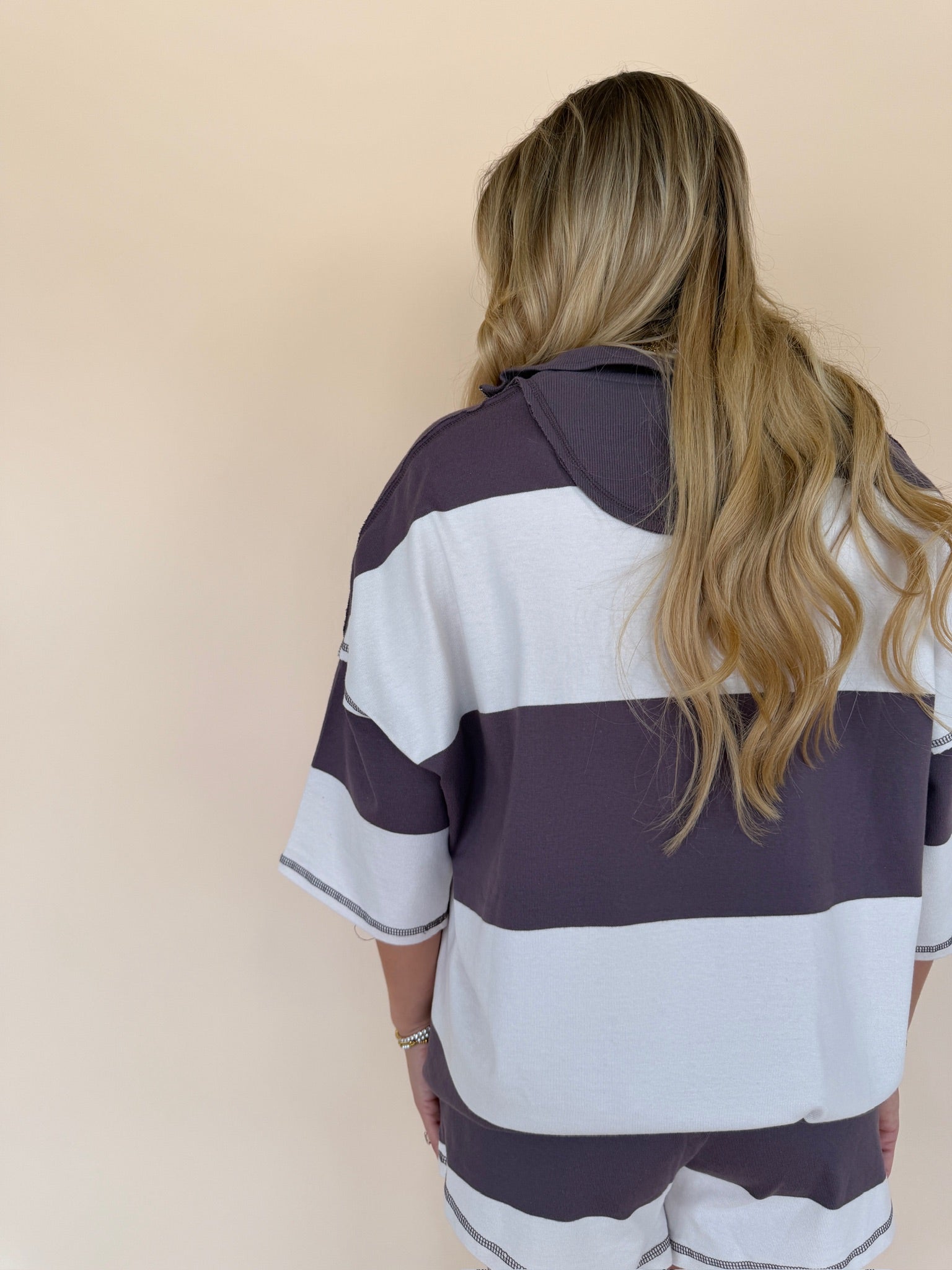 Zip-up Half Sleeve Stripe Top