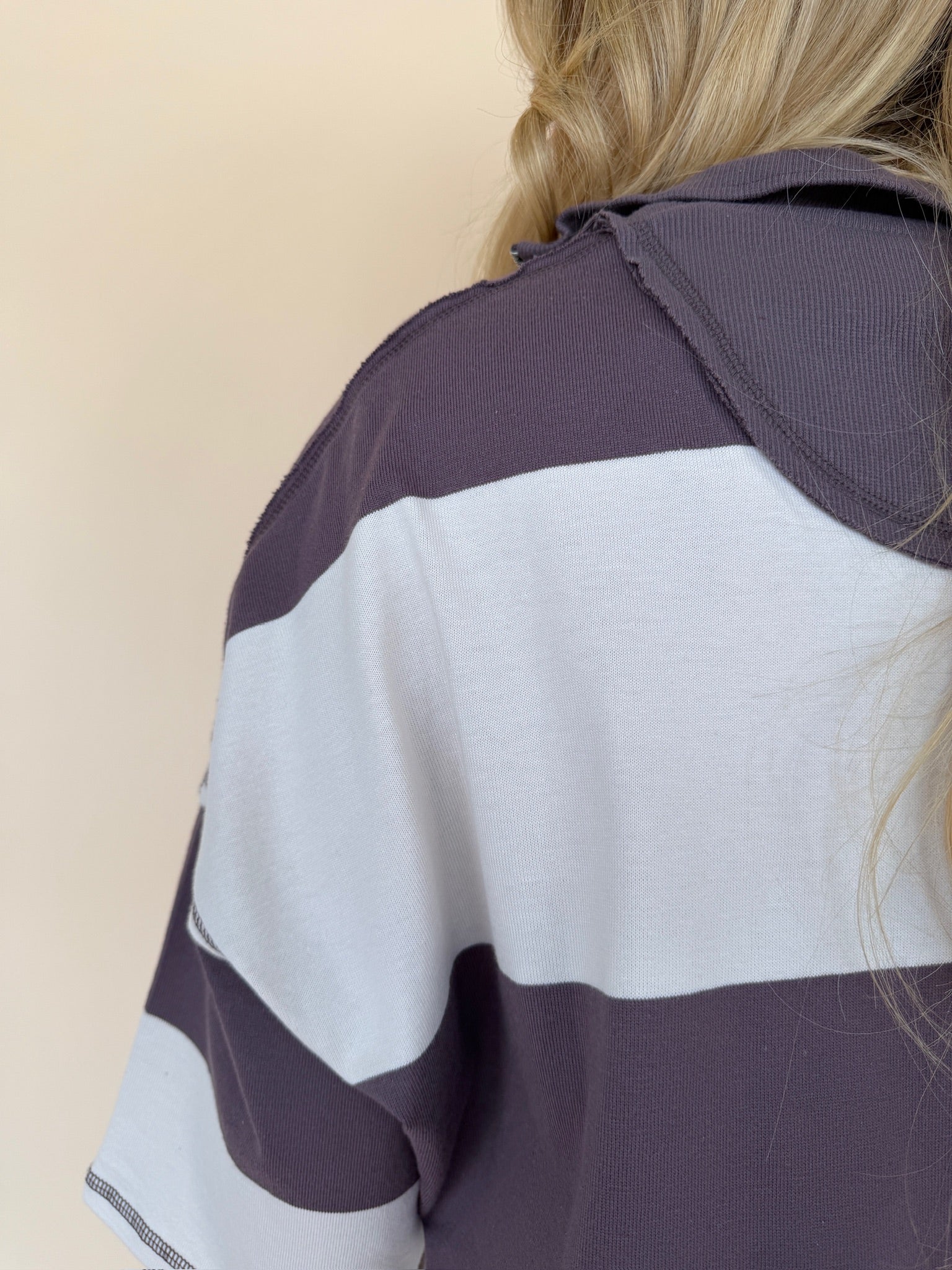 Zip-up Half Sleeve Stripe Top