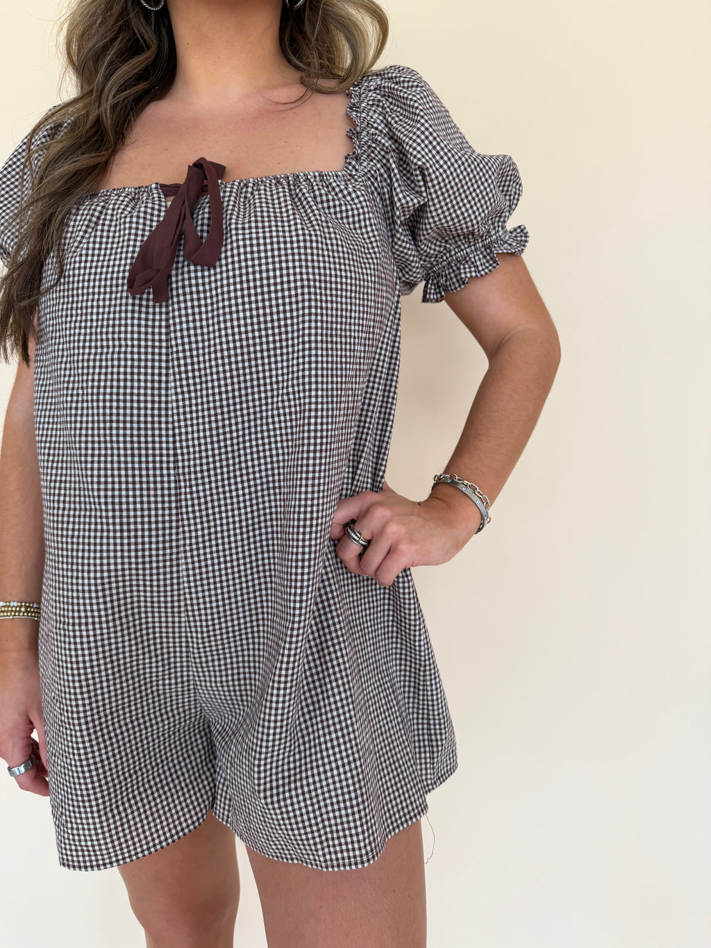 Gingham Puff Sleeve Romper