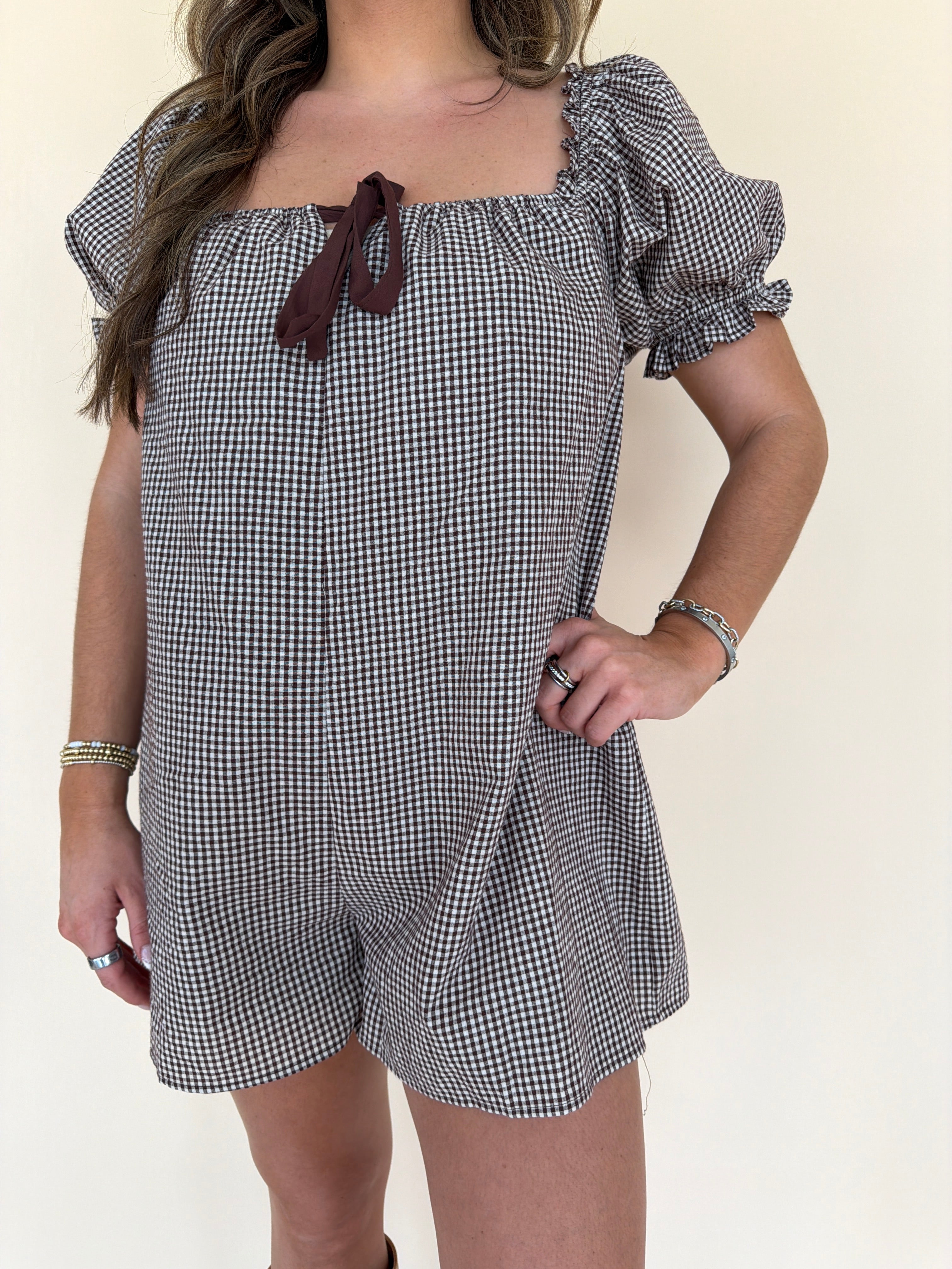 Gingham Puff Sleeve Romper