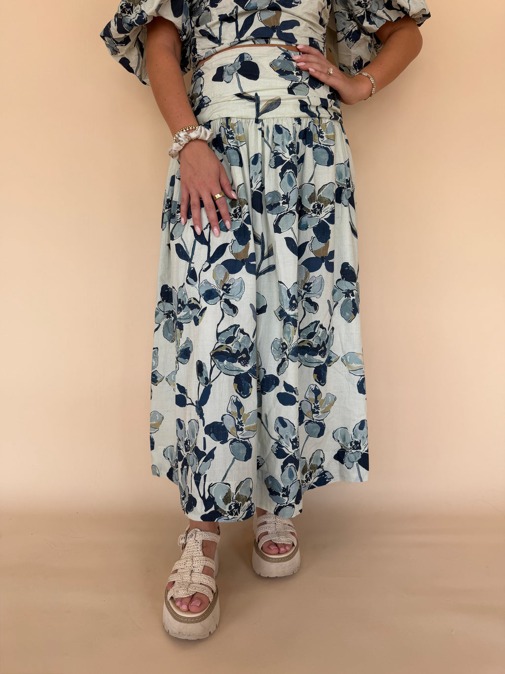 Printed Shirred Maxi Skirt