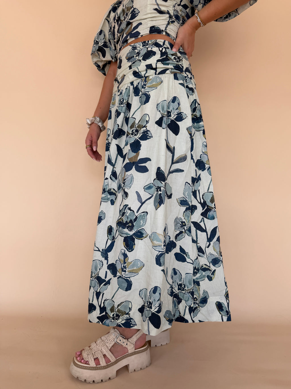Printed Shirred Maxi Skirt