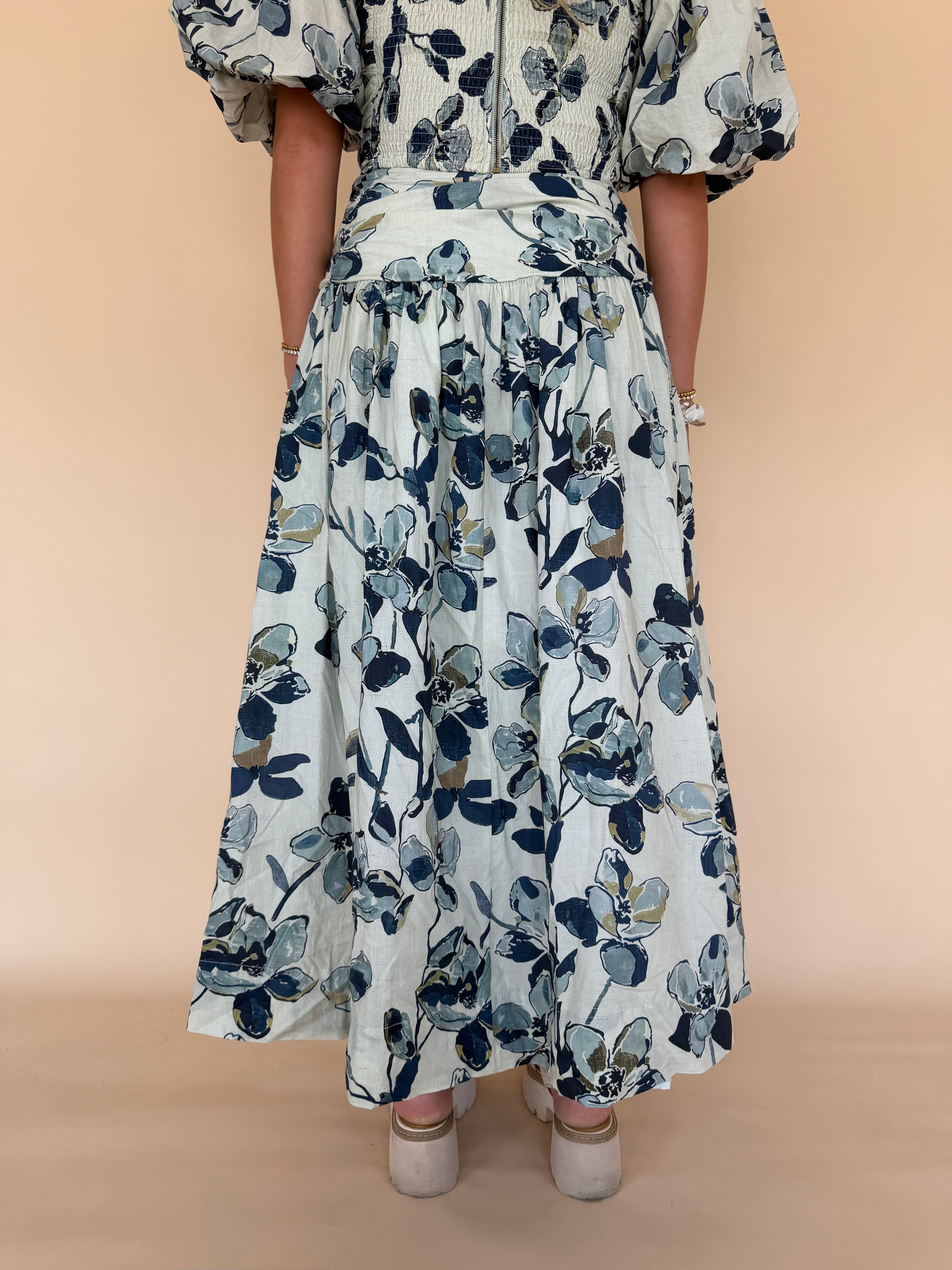 Printed Shirred Maxi Skirt