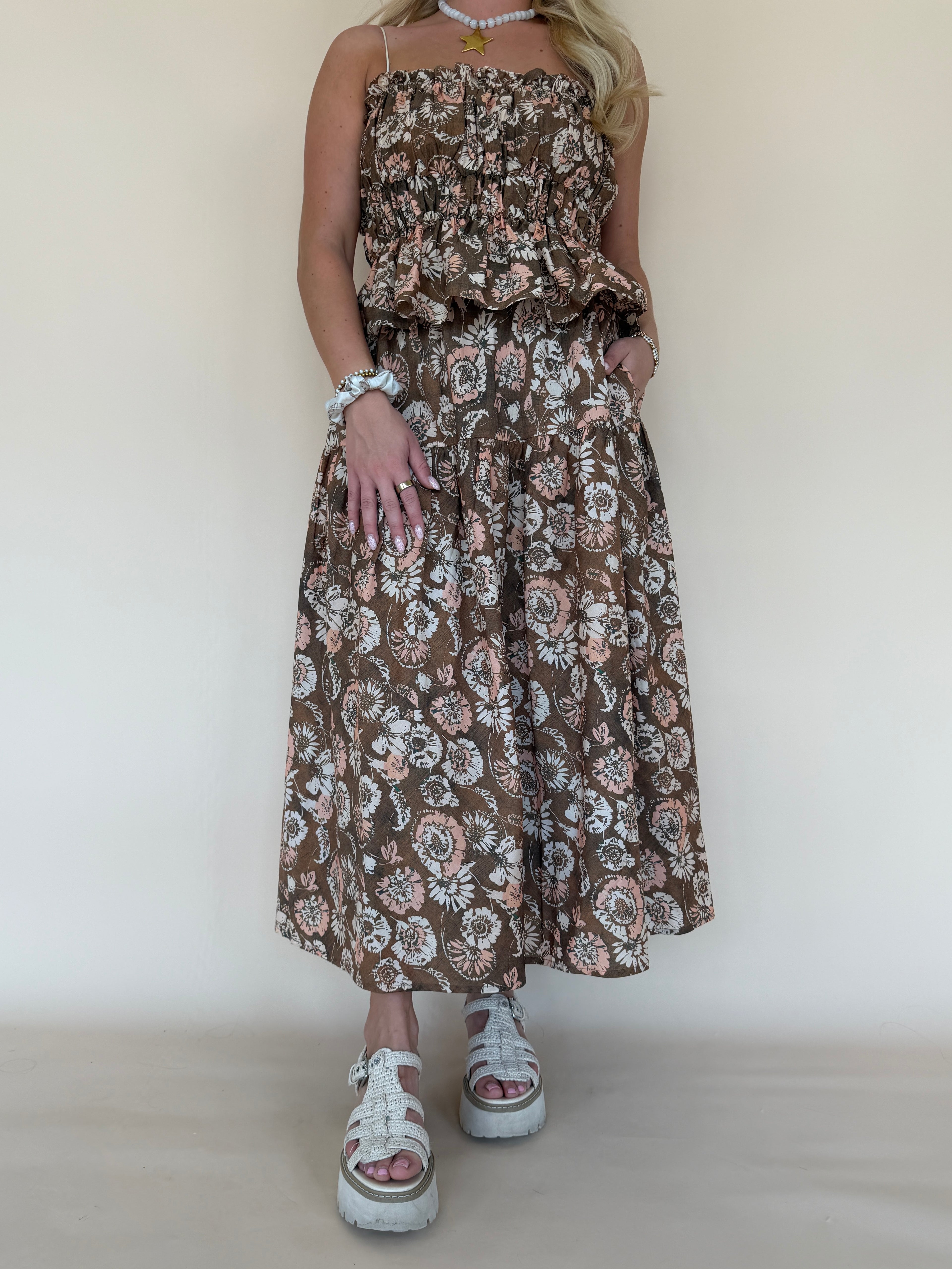 Printed Tiered Midi Skirt