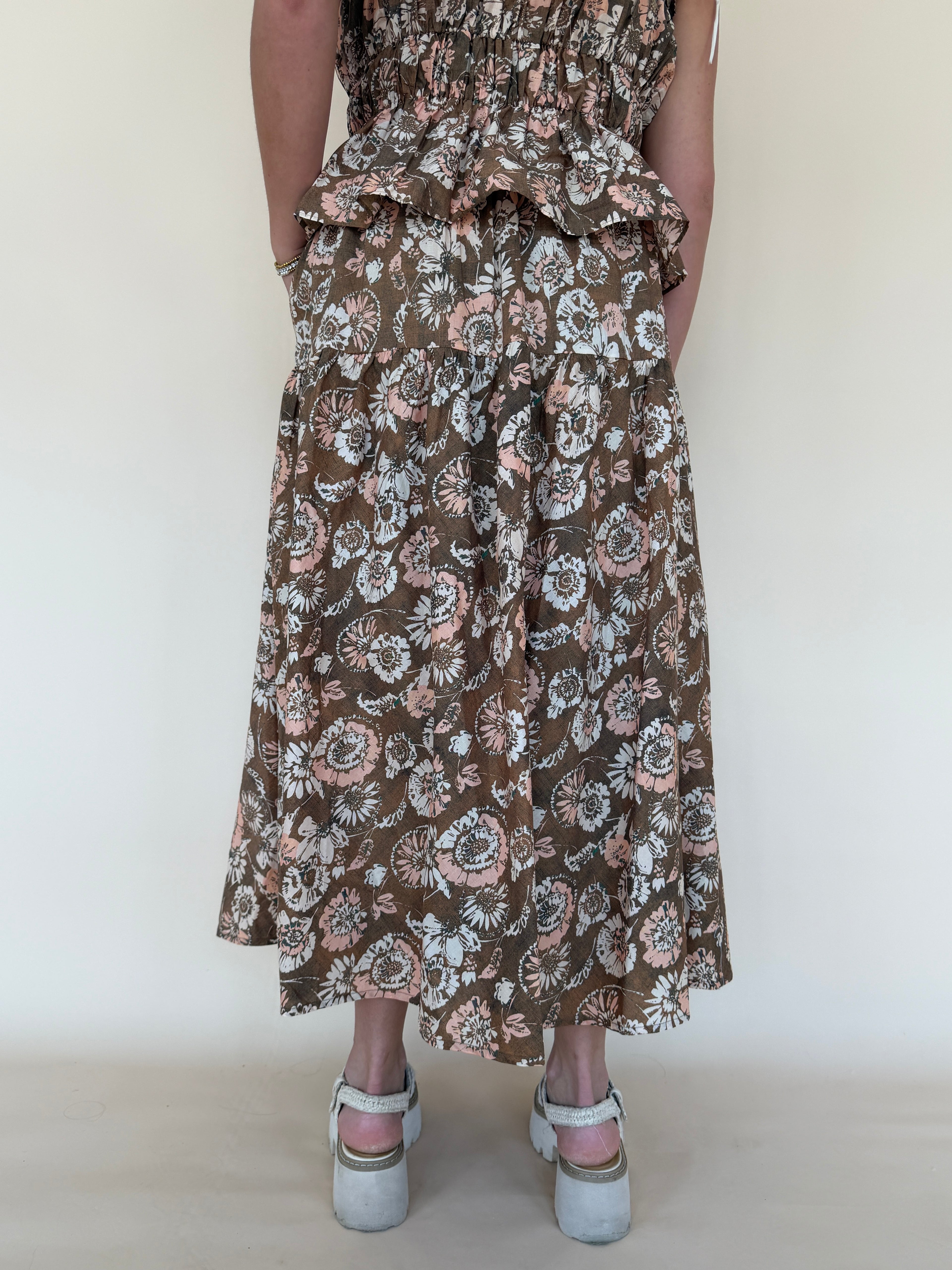 Printed Tiered Midi Skirt