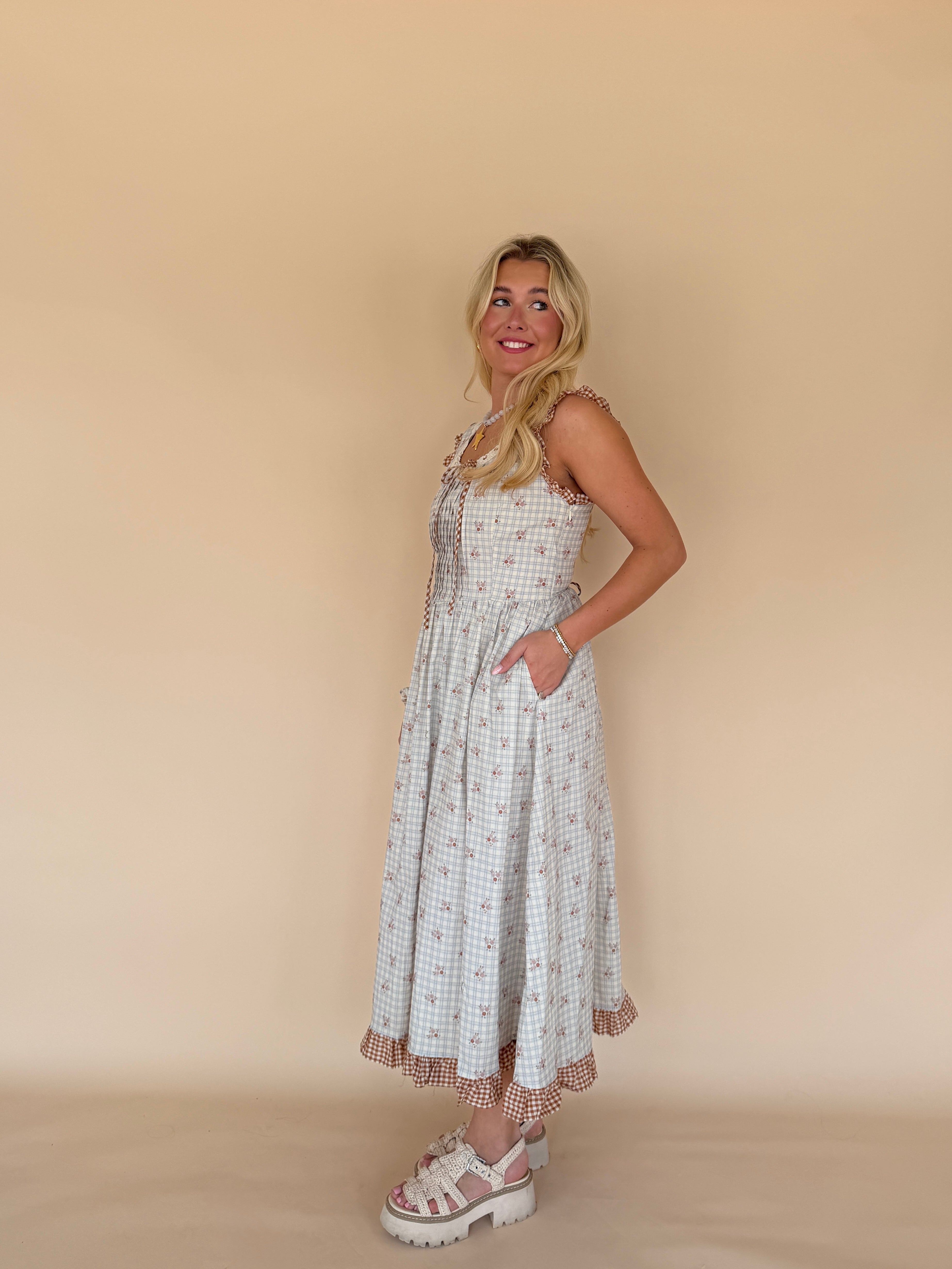 Combo Ruffle Floral Midi Dress