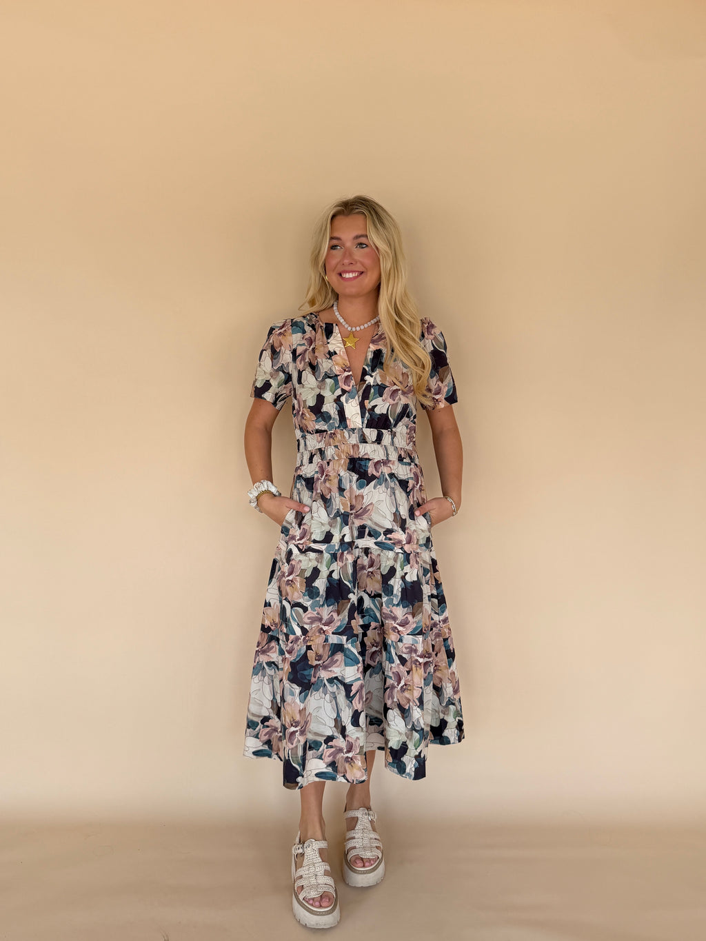 Floral Pintuck Pleat Midi Dress