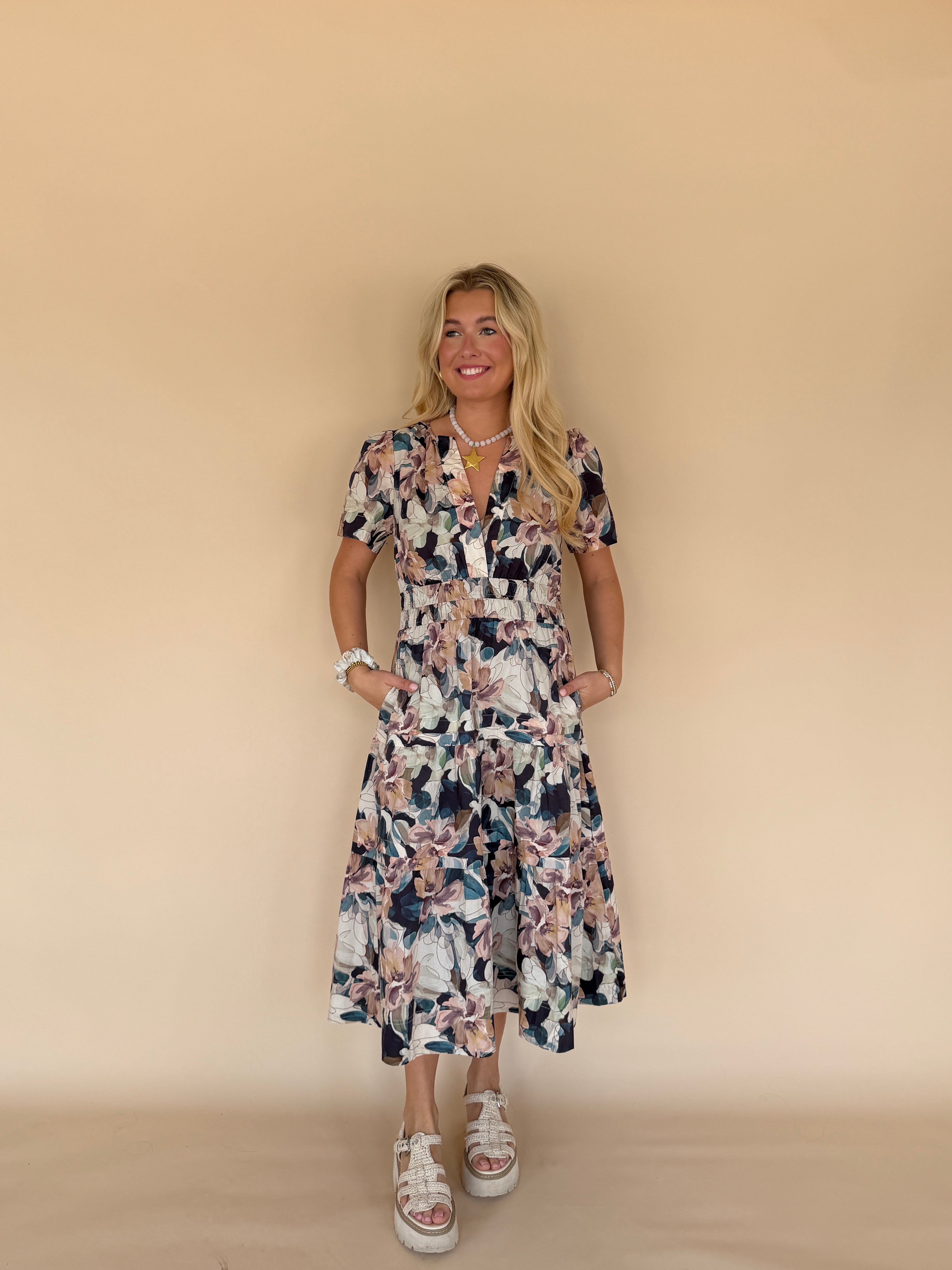 Floral Pintuck Pleat Midi Dress