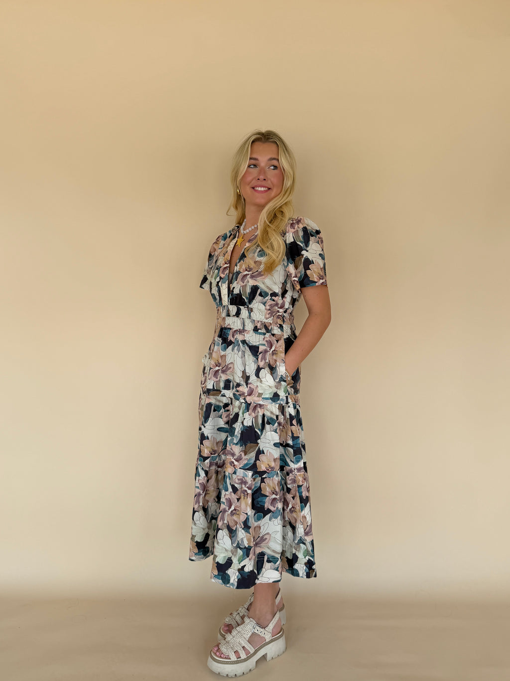 Floral Pintuck Pleat Midi Dress