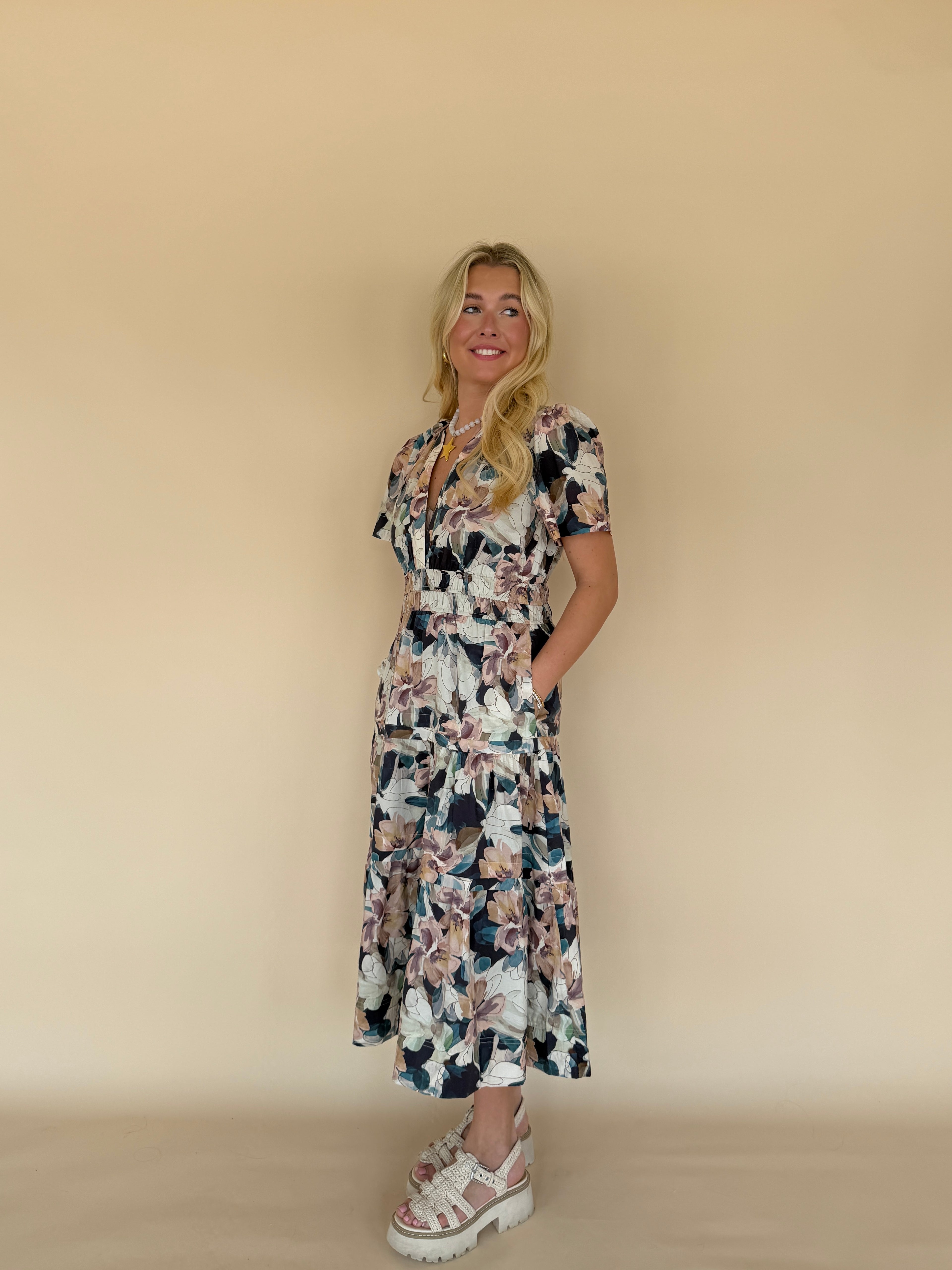 Floral Pintuck Pleat Midi Dress