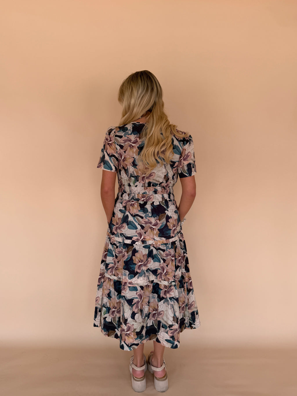 Floral Pintuck Pleat Midi Dress
