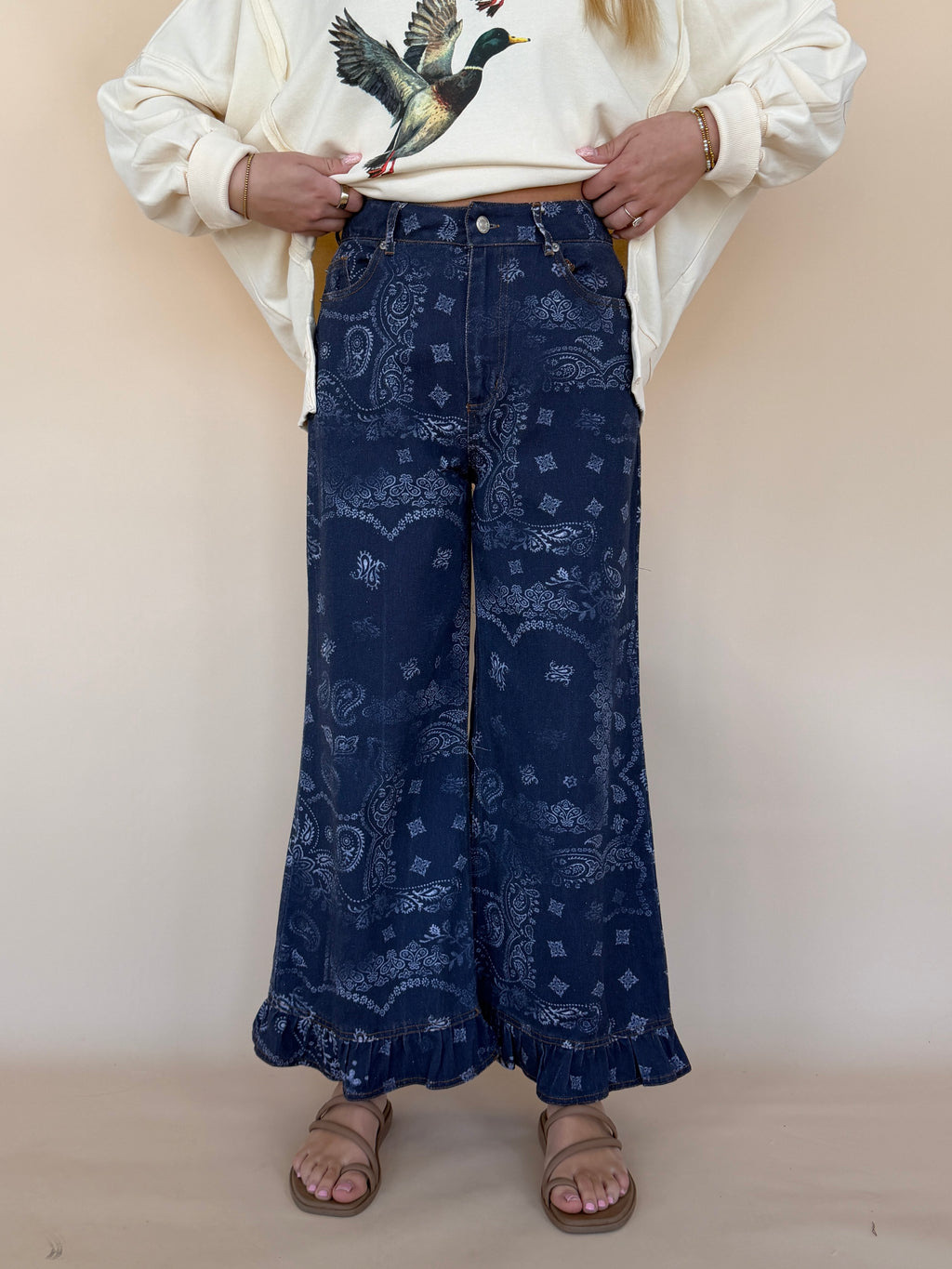 Paisley Printed Ruffle Hem Pants