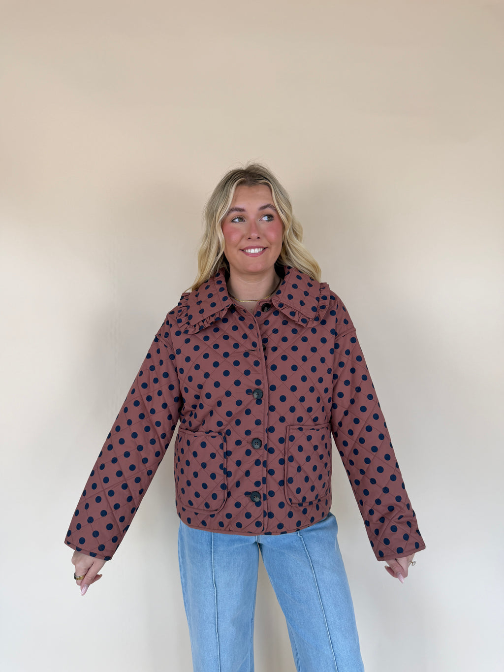 Polka Dot Ruffle Collar Quilted Jacket