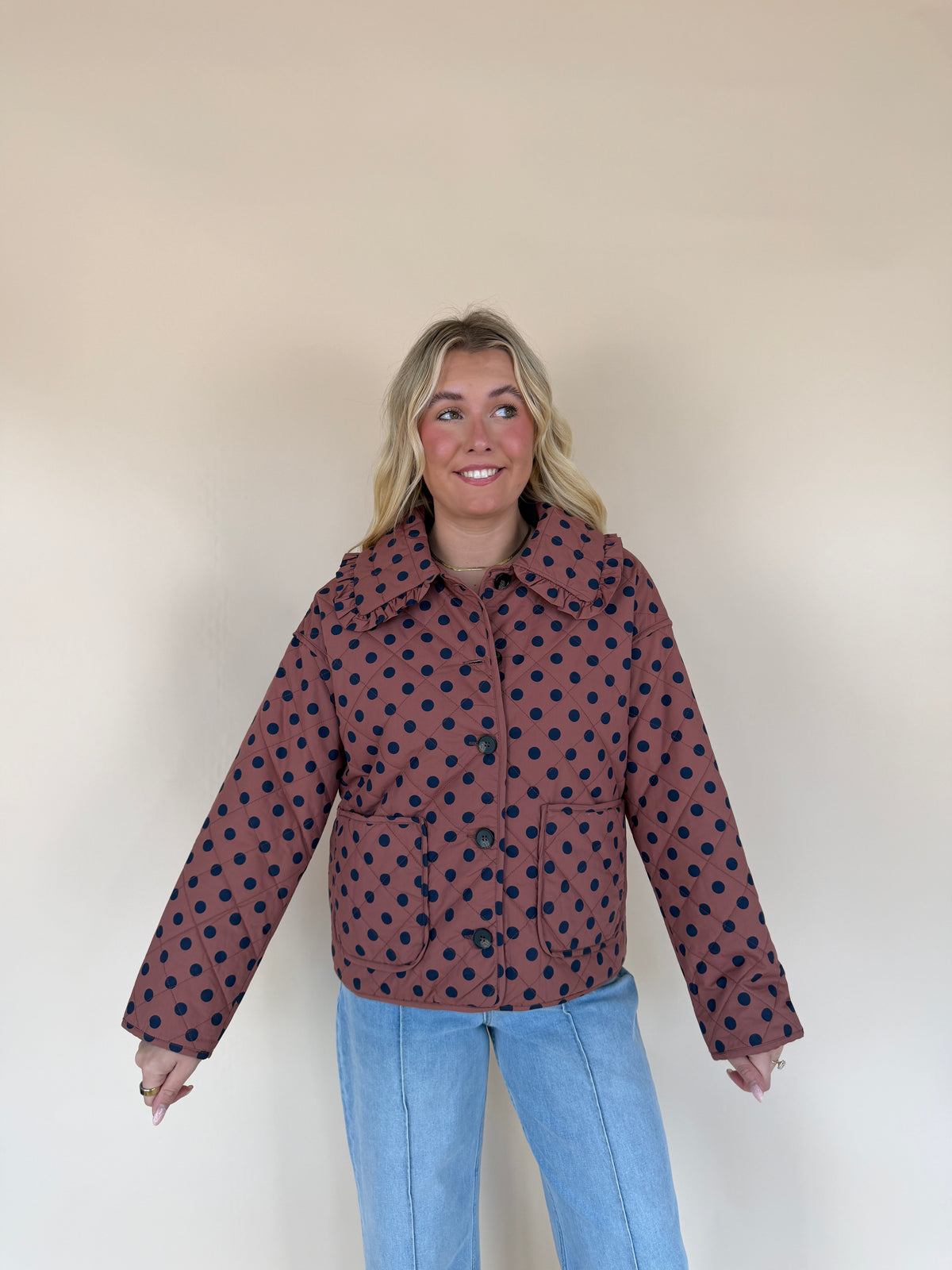 Polka Dot Ruffle Collar Quilted Jacket