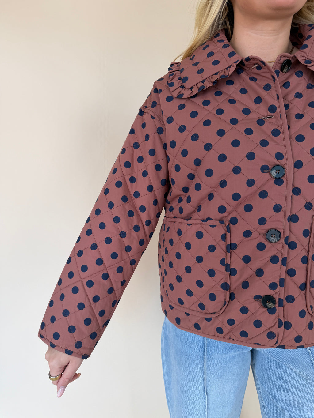 Polka Dot Ruffle Collar Quilted Jacket