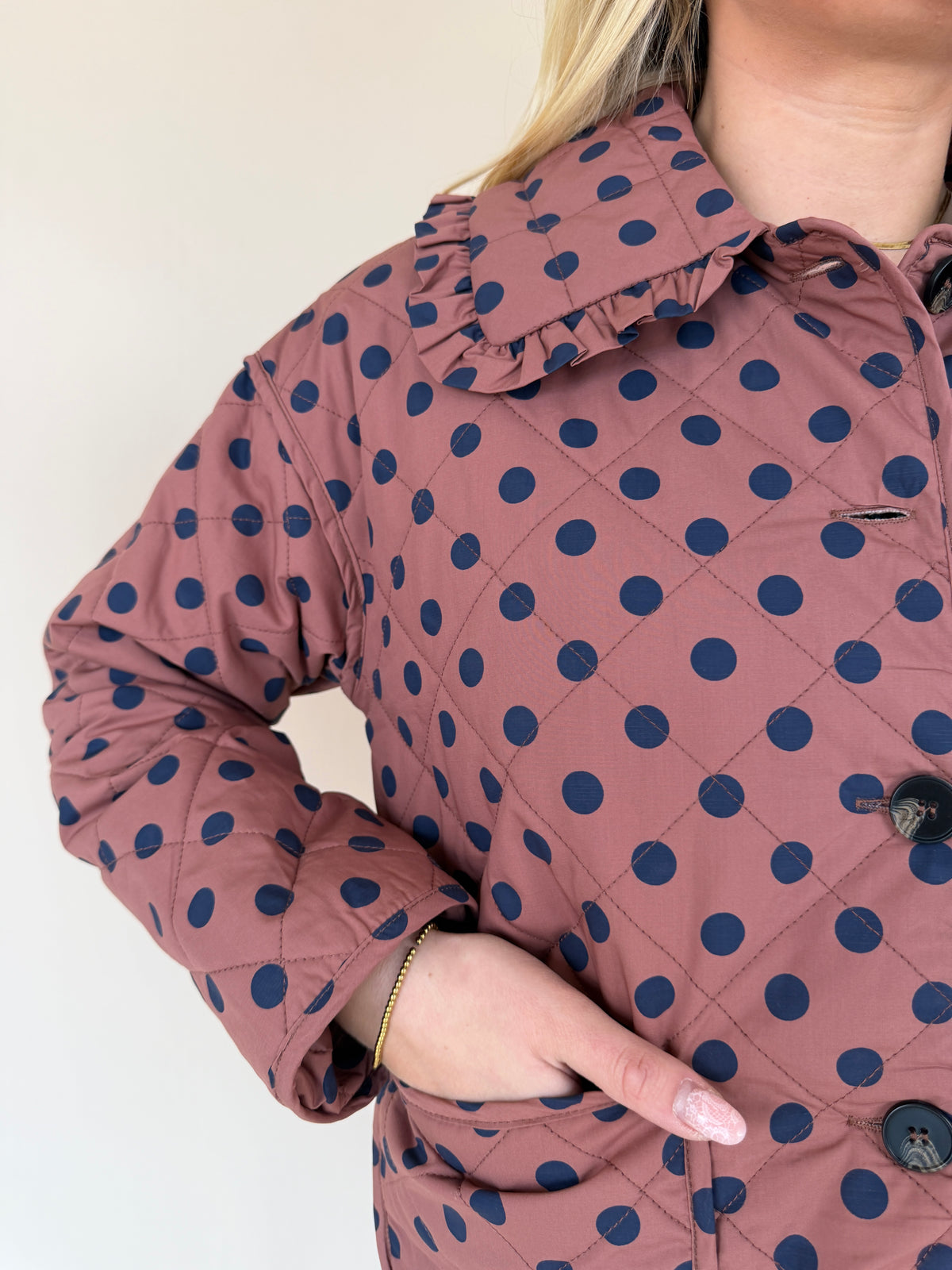 Polka Dot Ruffle Collar Quilted Jacket