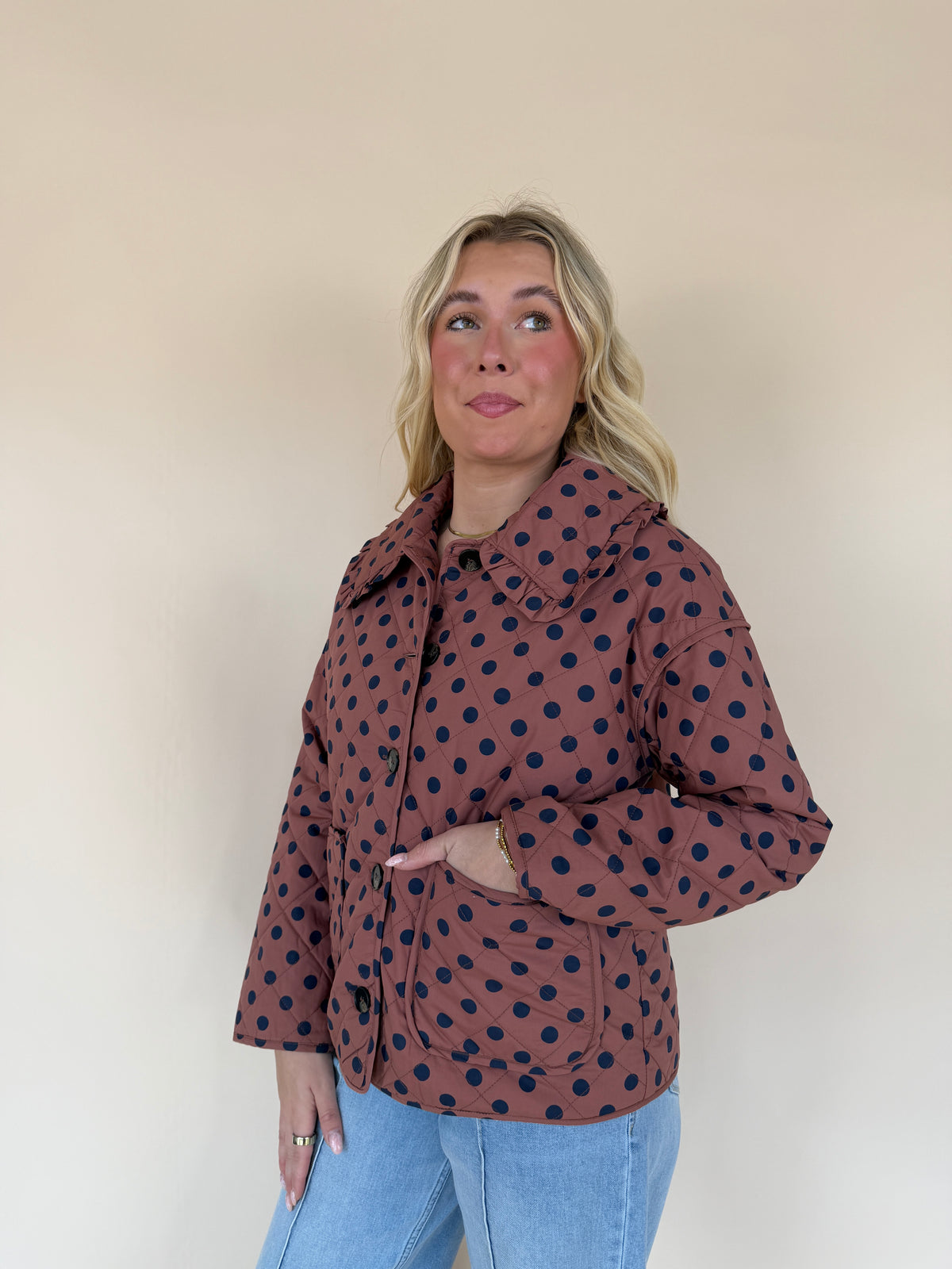Polka Dot Ruffle Collar Quilted Jacket