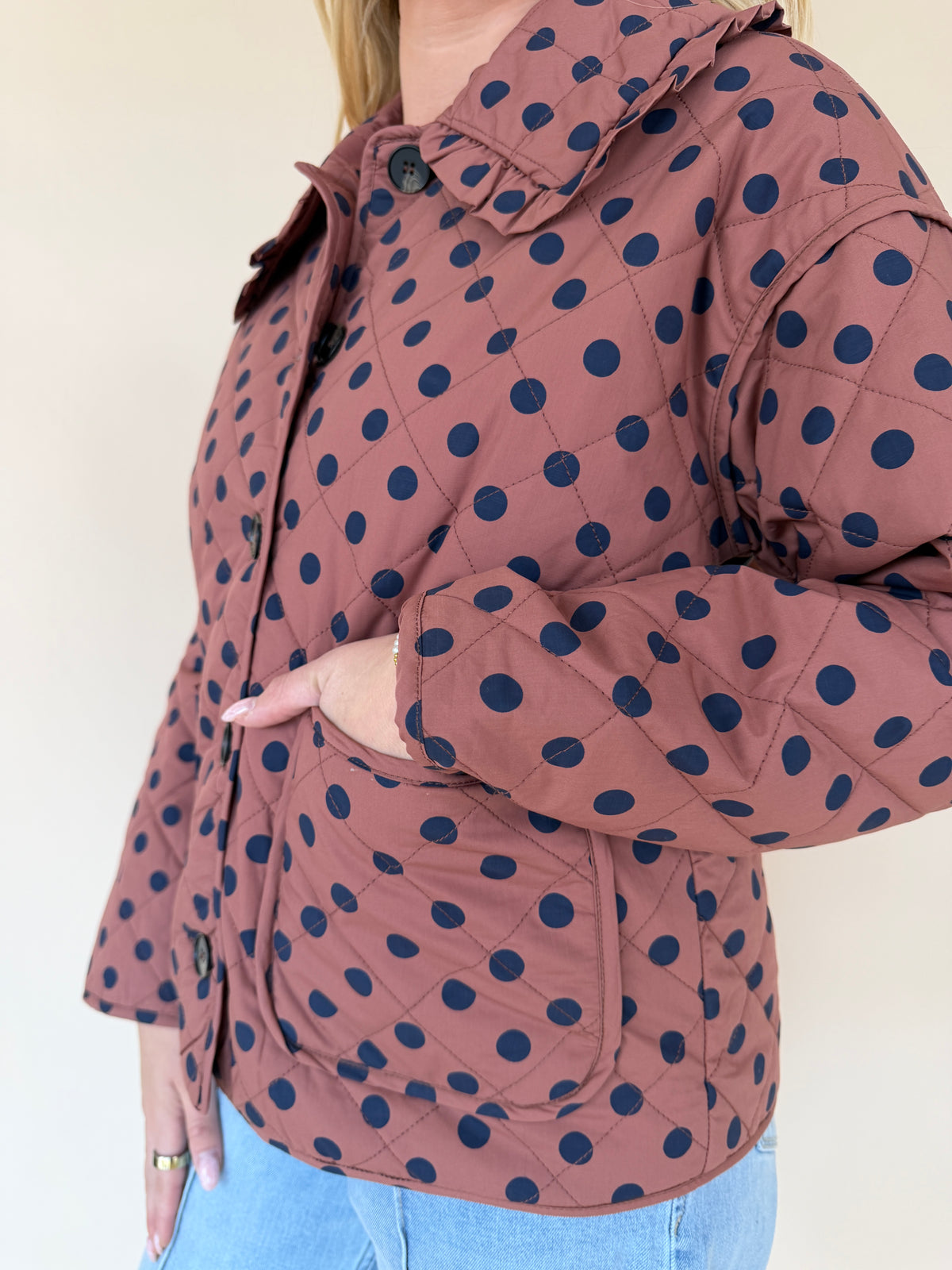 Polka Dot Ruffle Collar Quilted Jacket