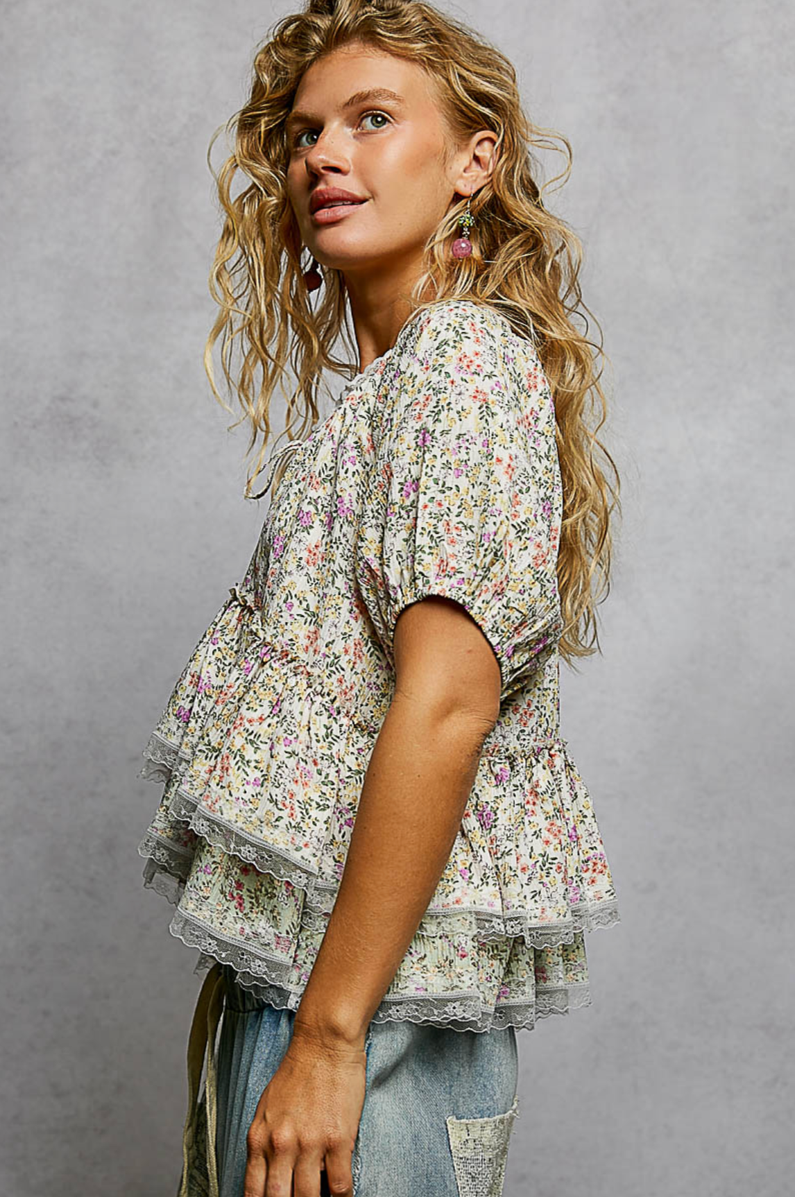 Ruffle Floral Balloon Woven Top