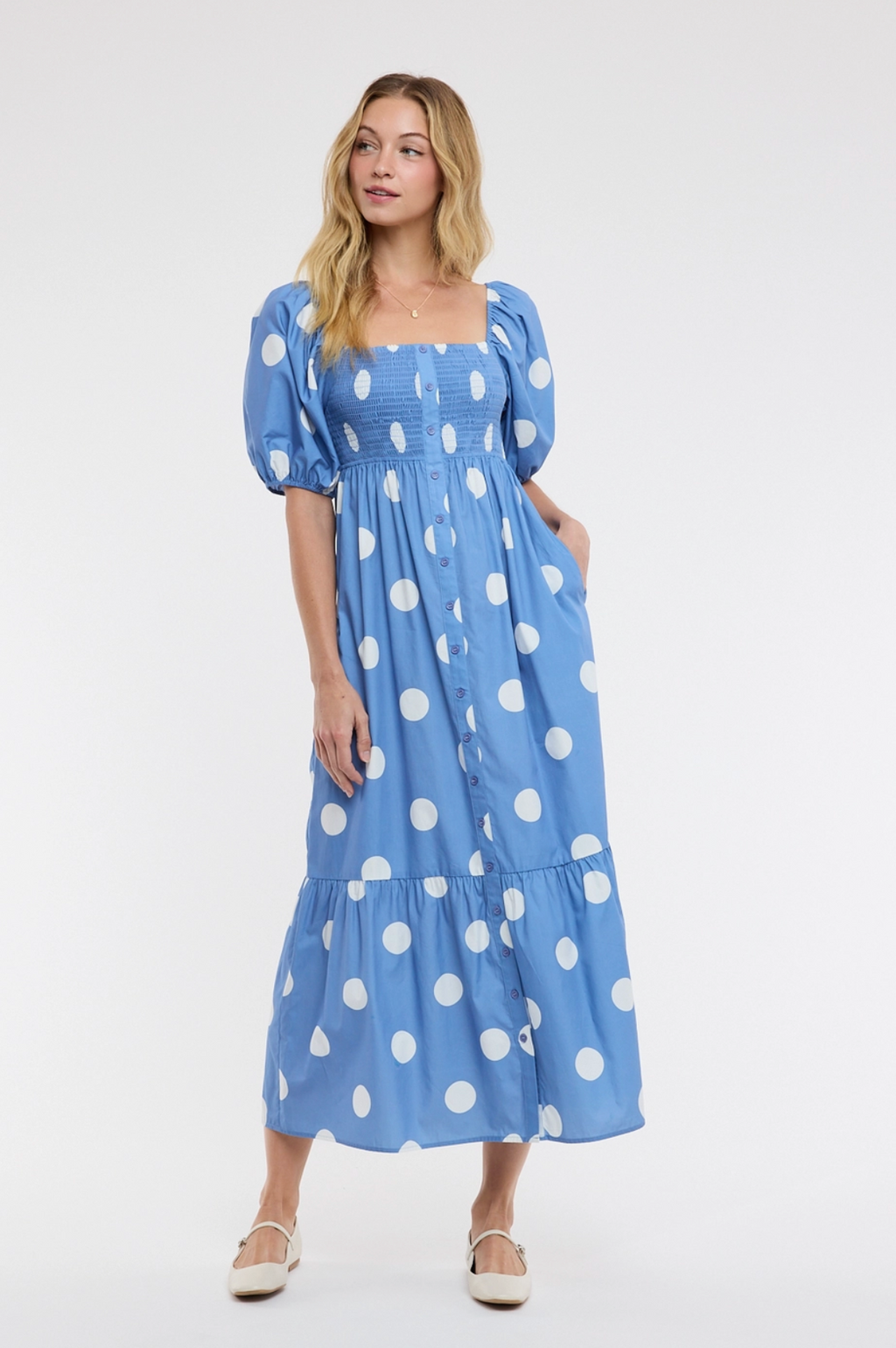 Polka Dot Puff Sleeve Maxi Dress