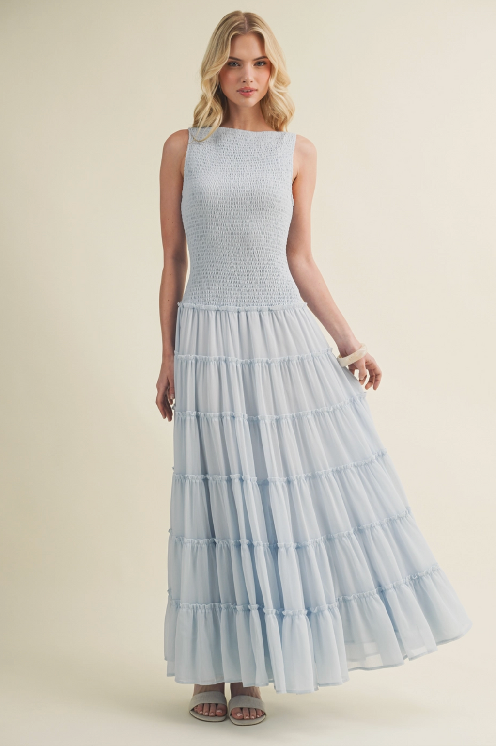 Smocked Boat Neck Maxi Dress