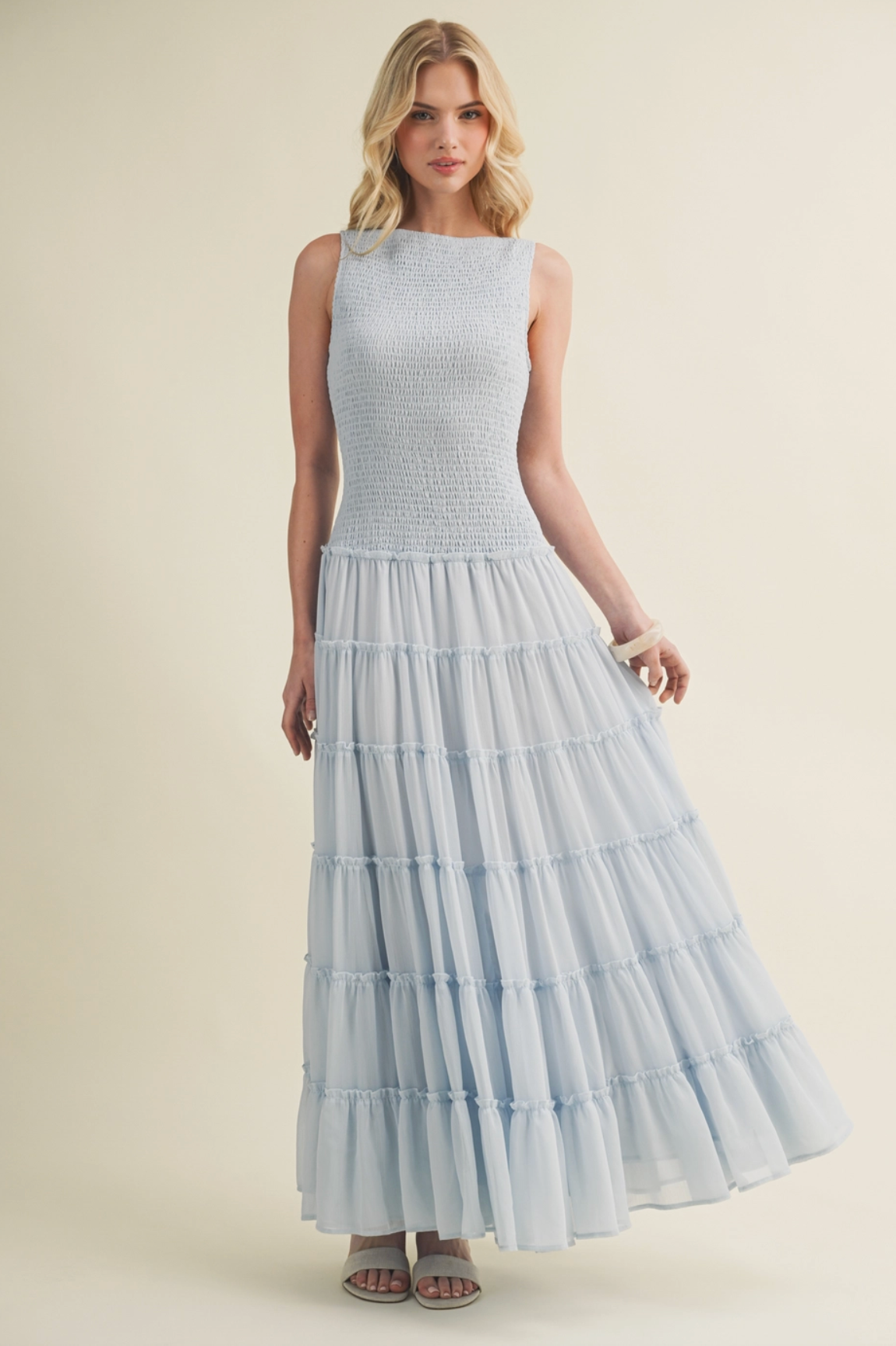 Smocked Boat Neck Maxi Dress