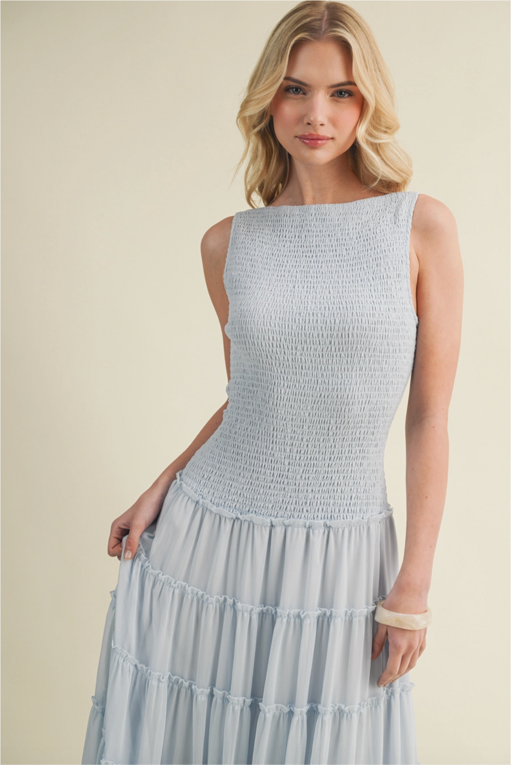 Smocked Boat Neck Maxi Dress