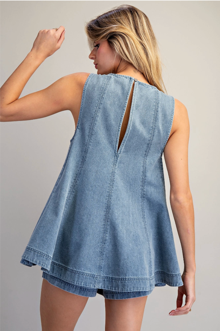 Sleeveless Flared Top  - Dark Denim
