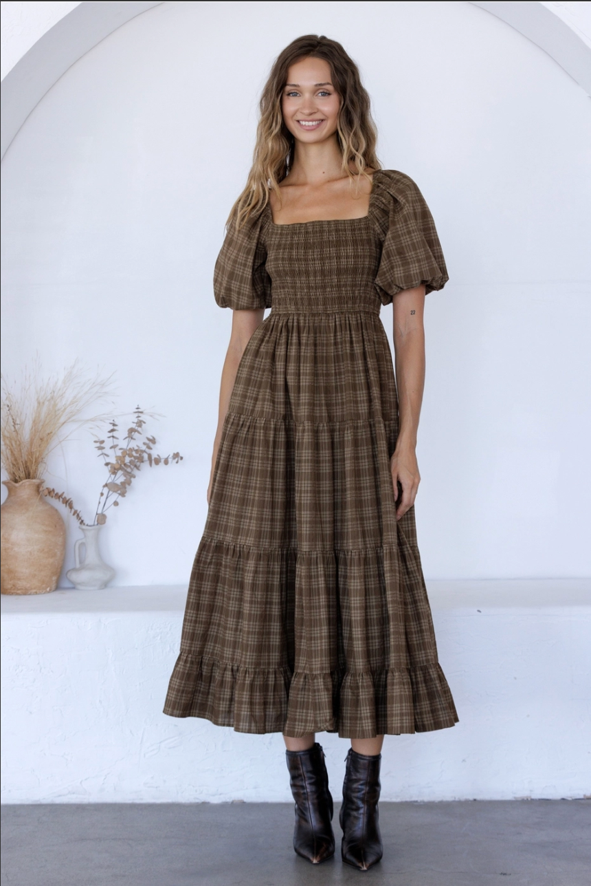 Brown Plaid Puff Sleeve Dress