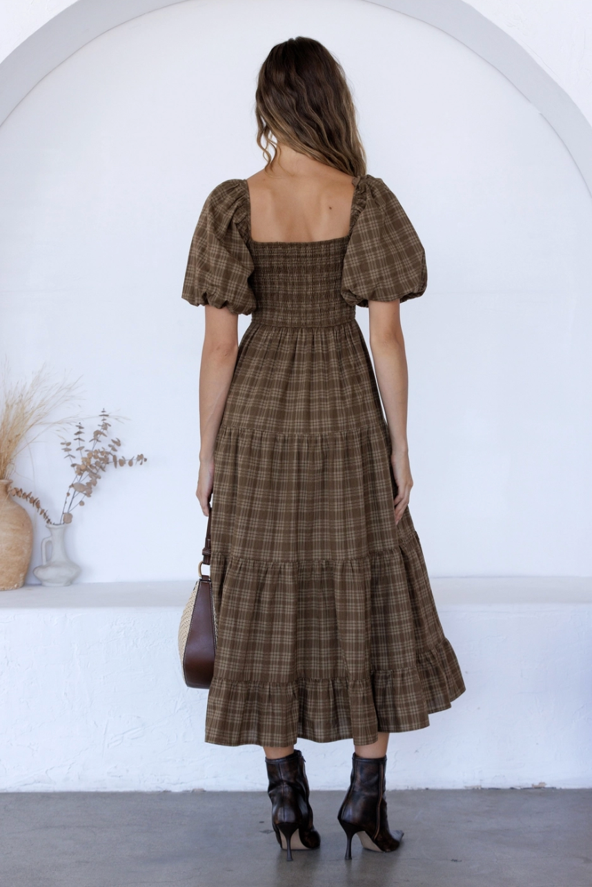 Brown Plaid Puff Sleeve Dress