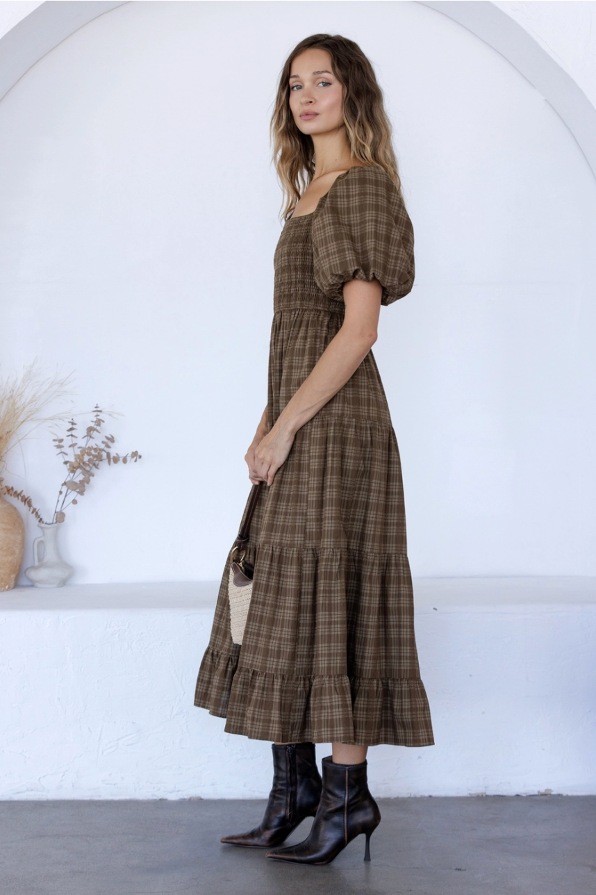 Brown Plaid Puff Sleeve Dress