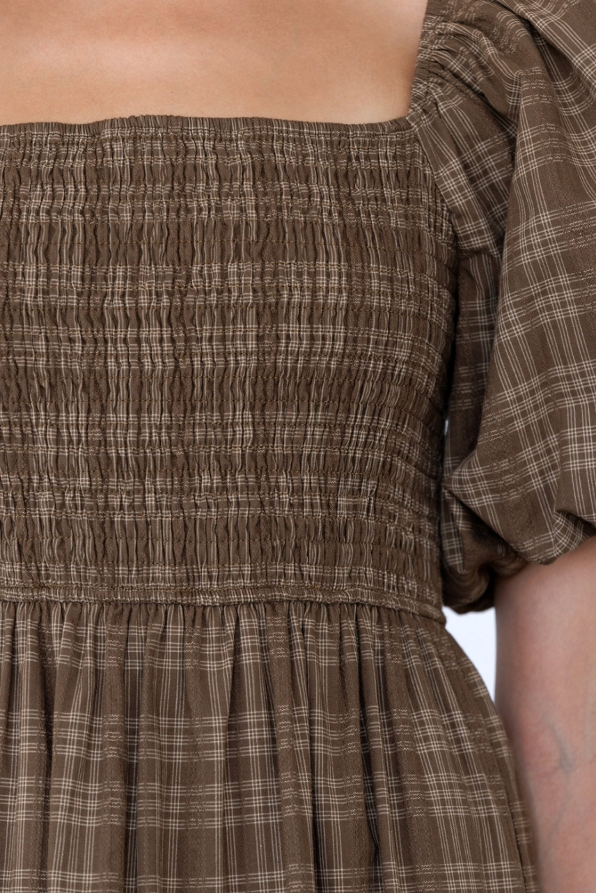 Brown Plaid Puff Sleeve Dress