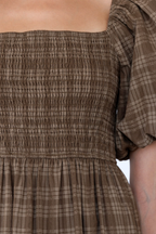 Brown Plaid Puff Sleeve Dress