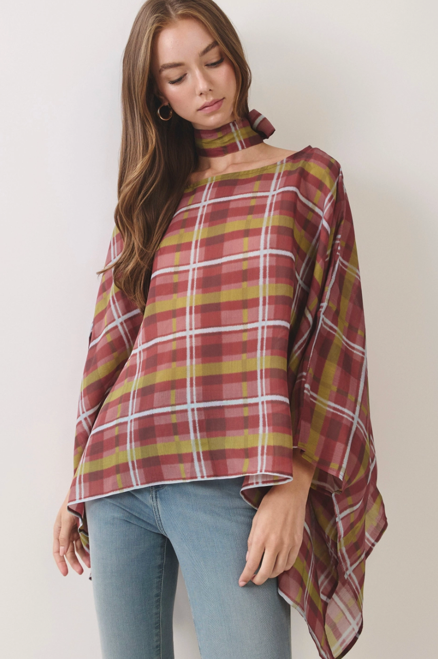 Plaid Scarf Neck Poncho Top