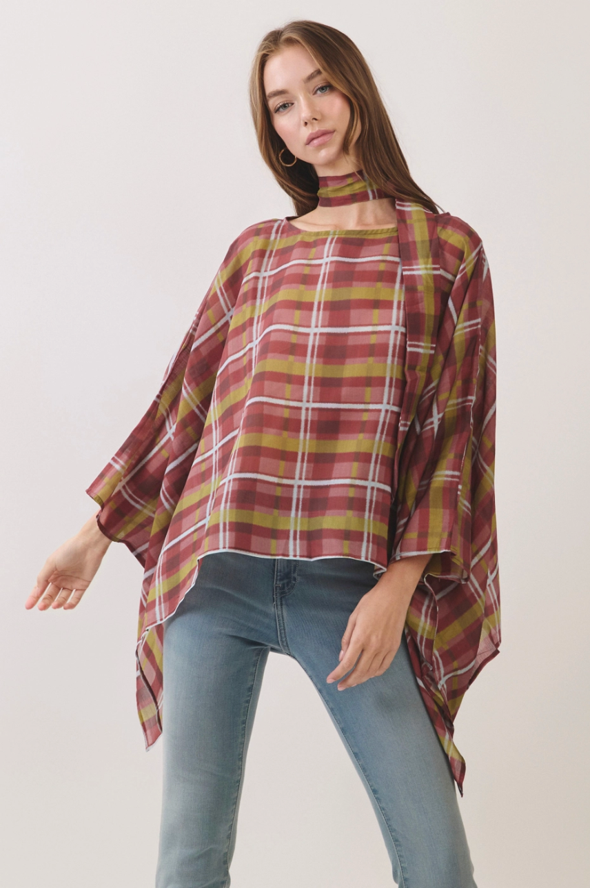 Plaid Scarf Neck Poncho Top