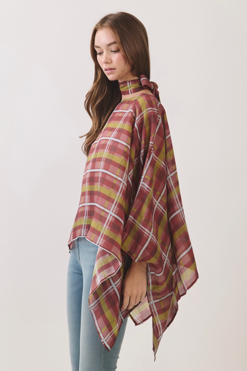 Plaid Scarf Neck Poncho Top
