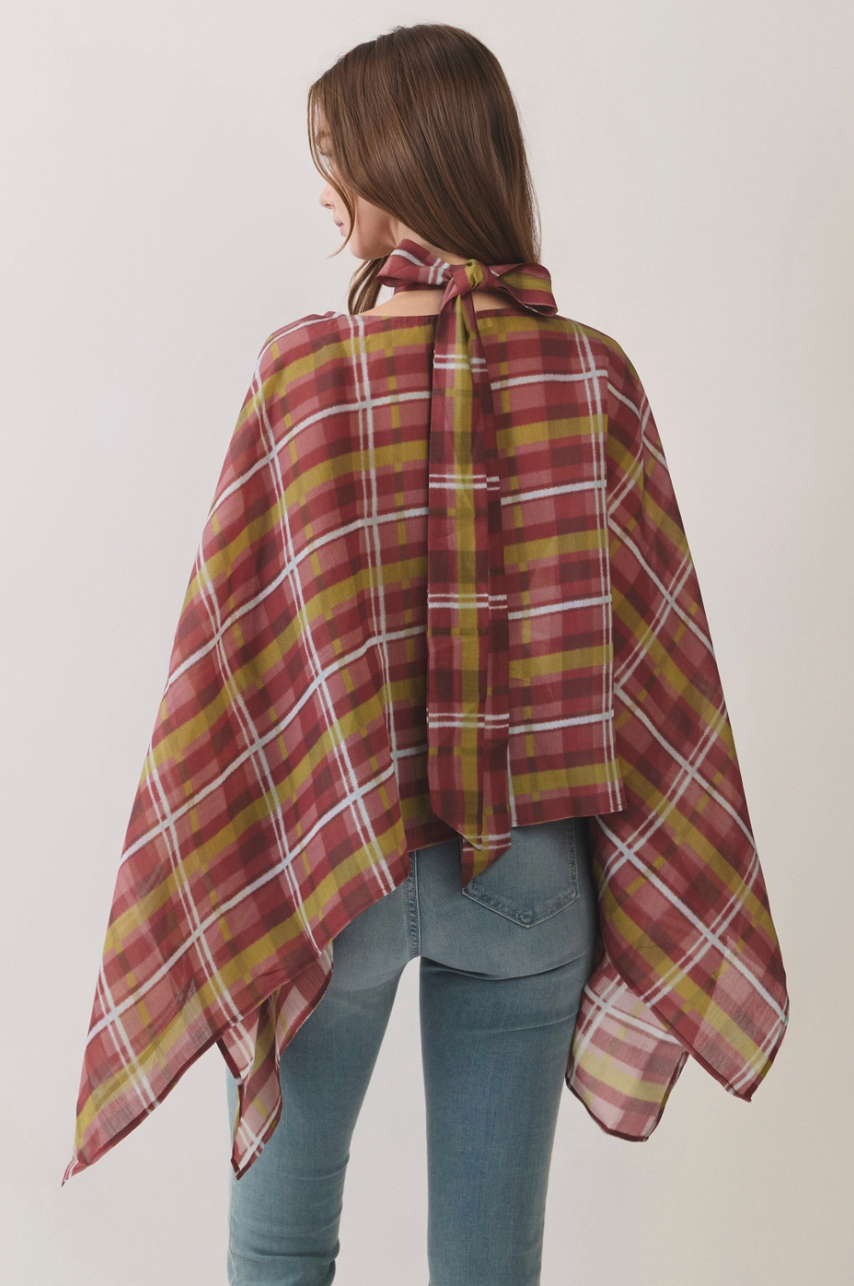 Plaid Scarf Neck Poncho Top