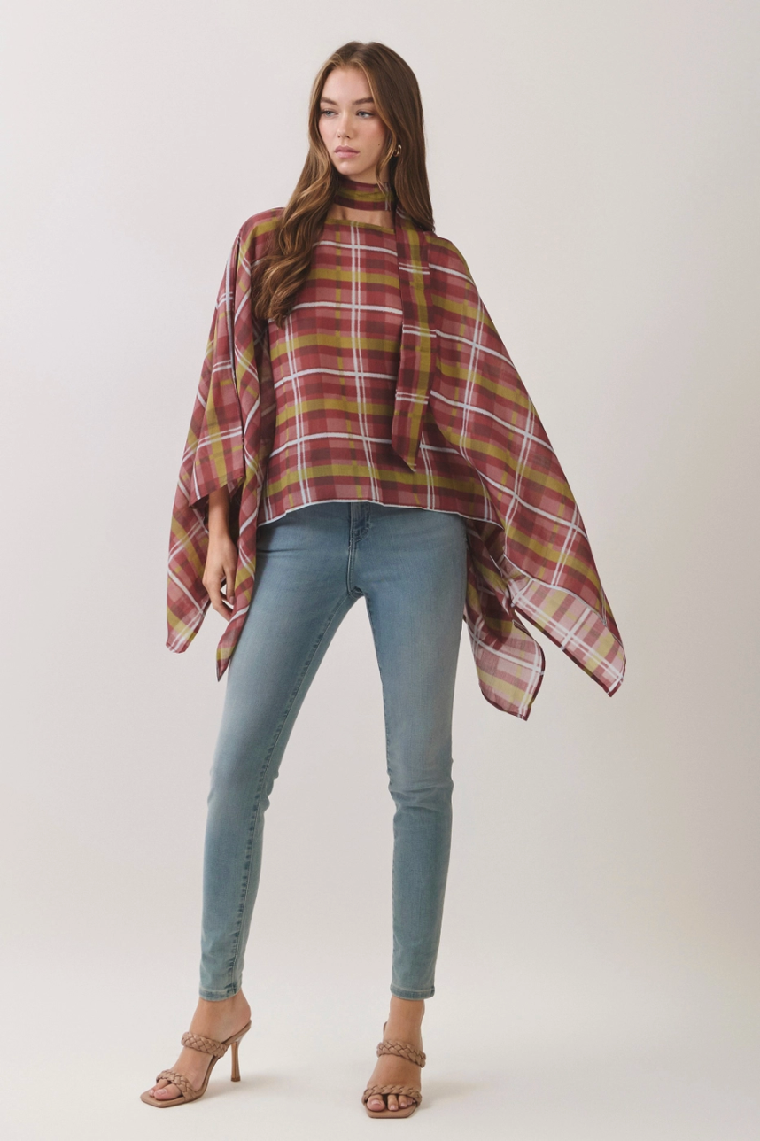 Plaid Scarf Neck Poncho Top