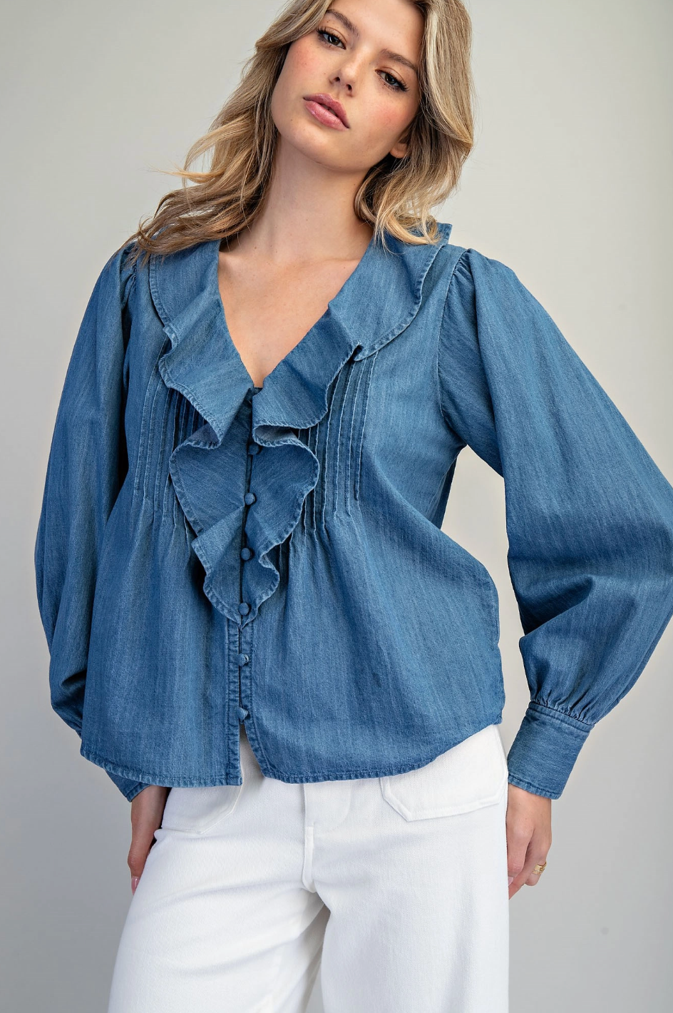 Button Down V-Neck Ruffled Blouse