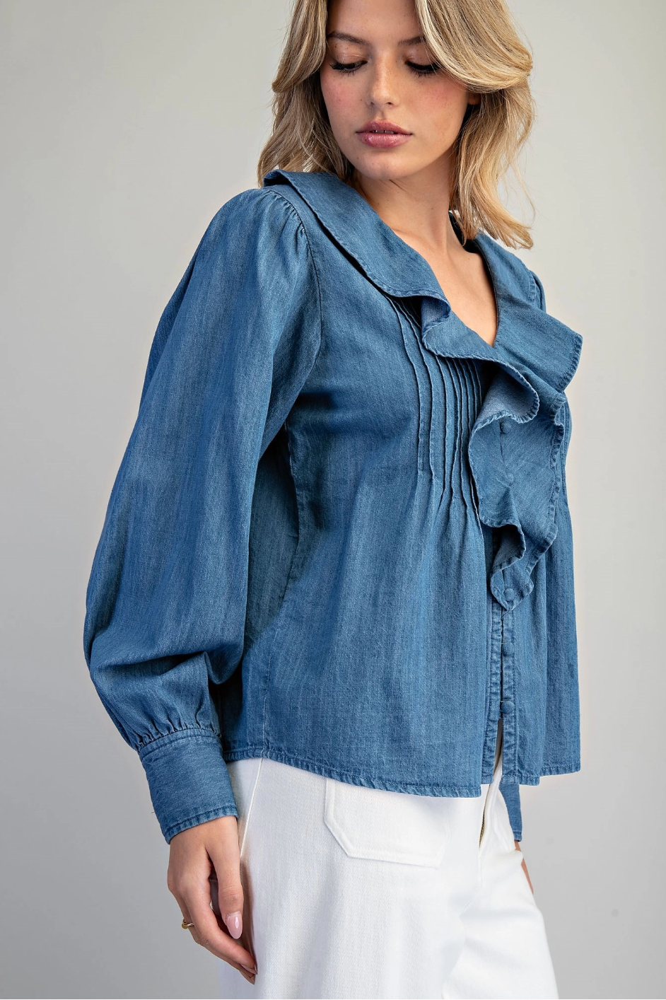 Button Down V-Neck Ruffled Blouse