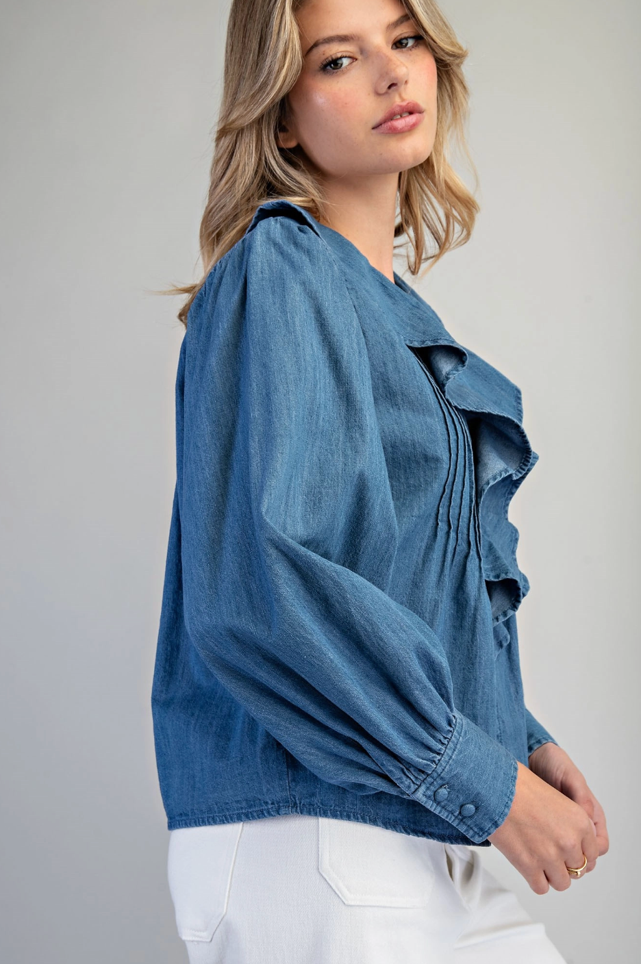 Button Down V-Neck Ruffled Blouse