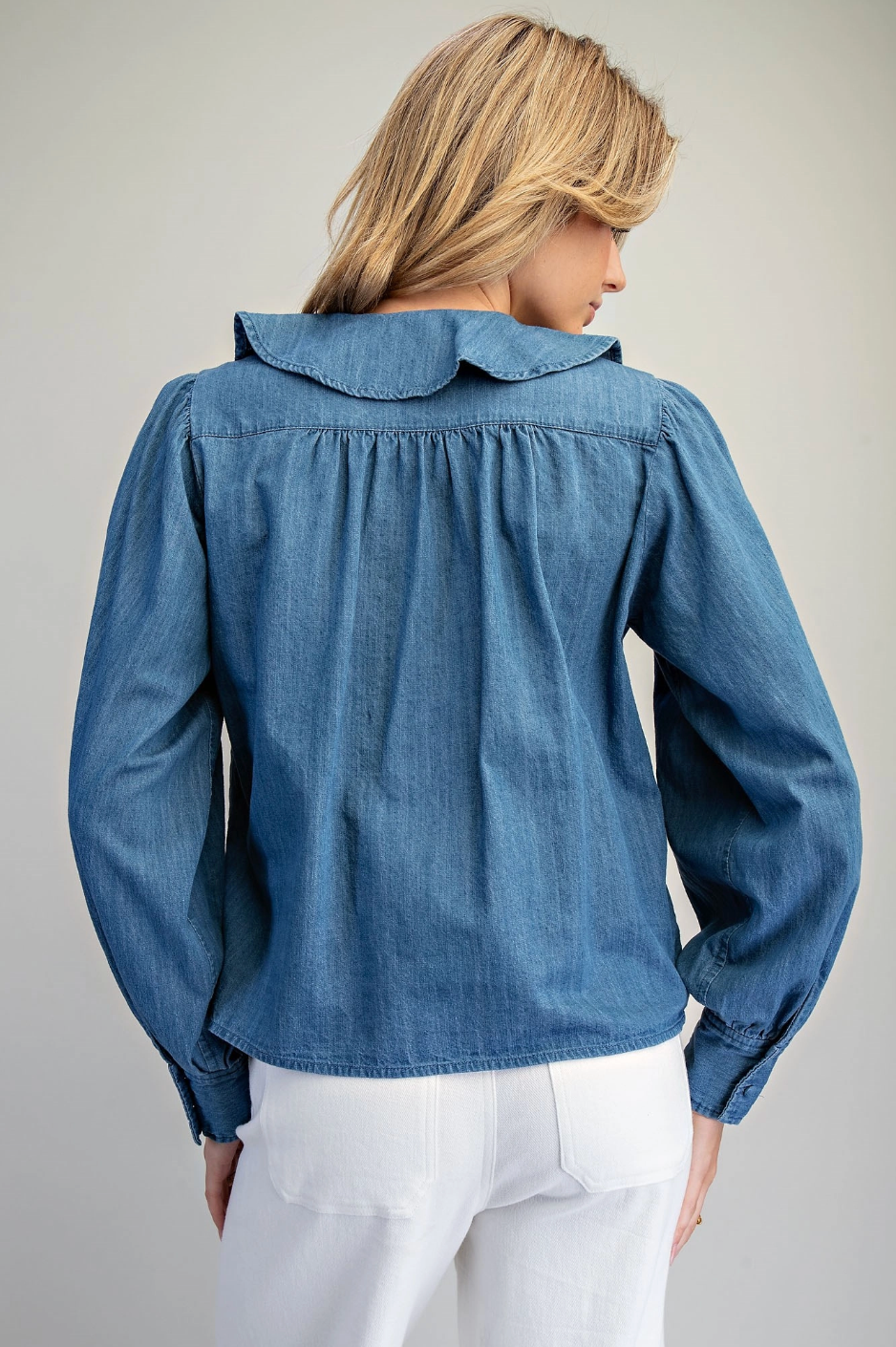 Button Down V-Neck Ruffled Blouse