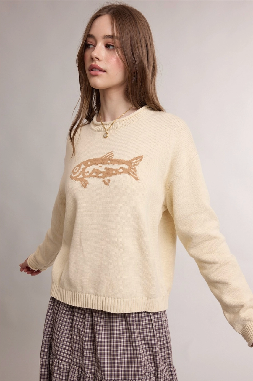 Fish Motif Graphic Crew Neck Sweater