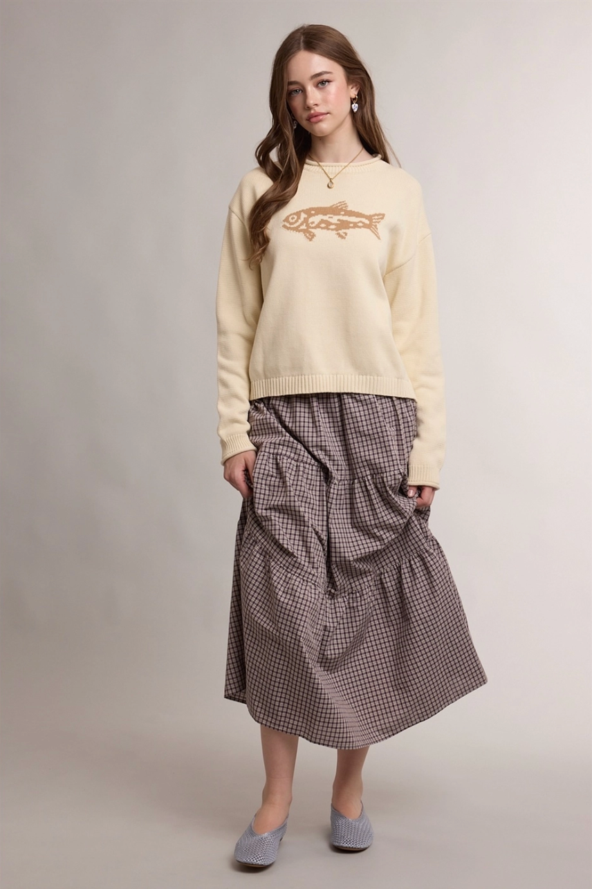 Fish Motif Graphic Crew Neck Sweater