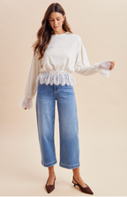 AT10296W Scallop Lace Knit Top White
