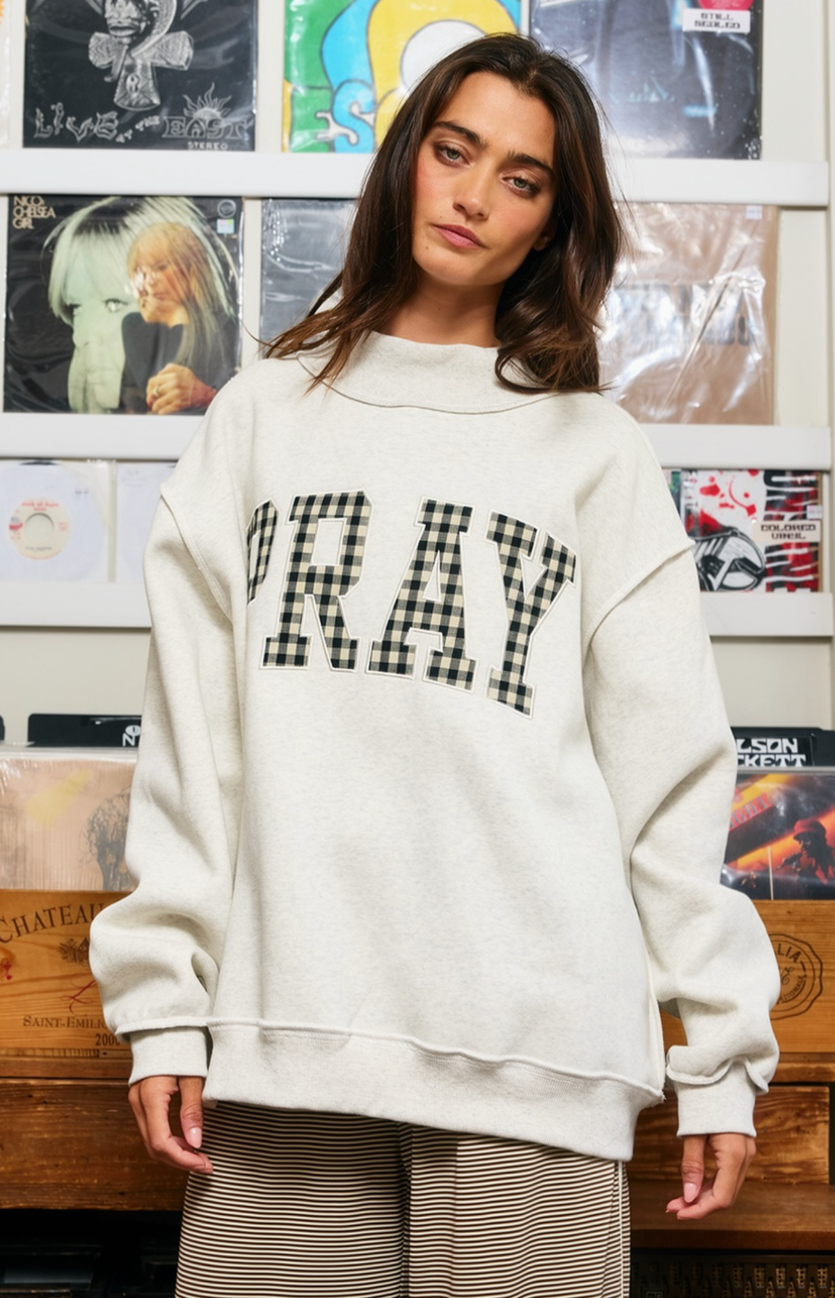 IT2594E-PRAYWT Gingham Pray Mock Neck