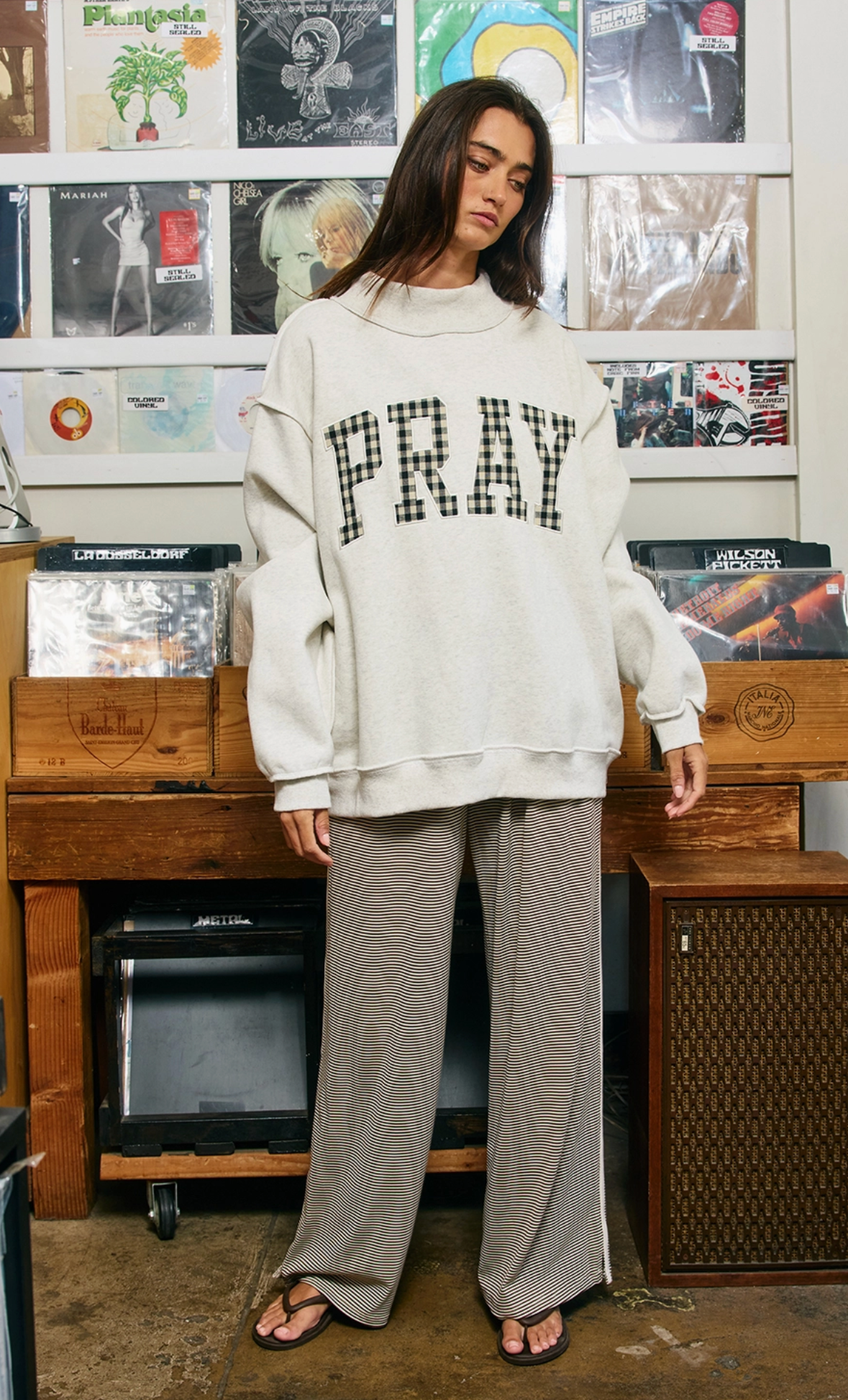 IT2594E-PRAYWT Gingham Pray Mock Neck
