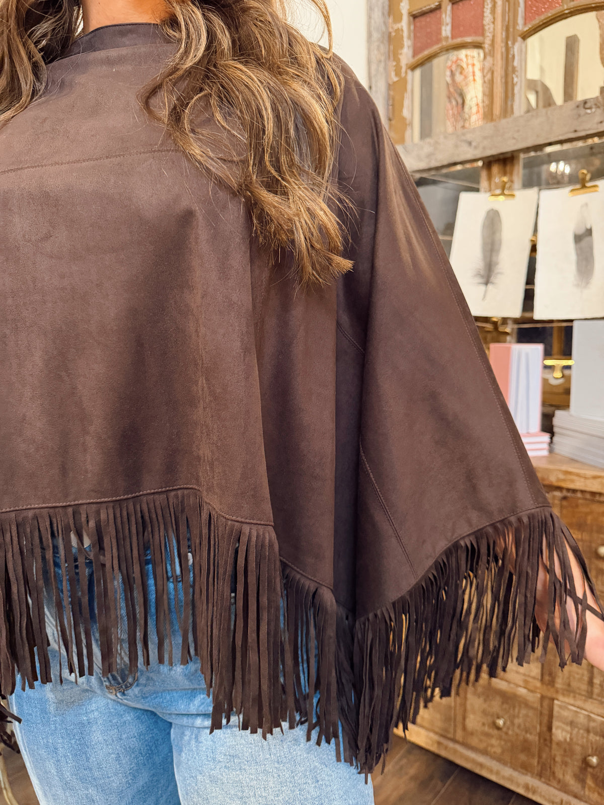 Suede Stitched Fringe Cape